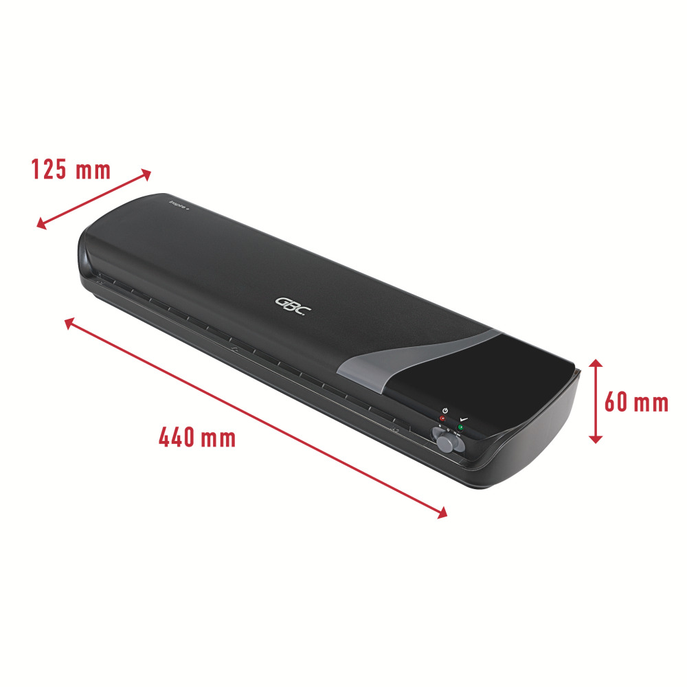 Fekete laminálógép méretekkel és bekapcsológombbal. mm-ben feliratozva.