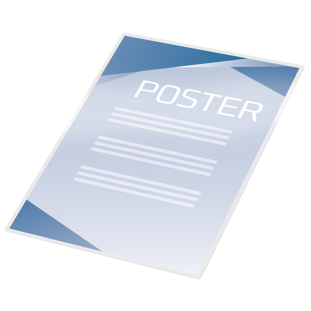 Egy kék-fehér poszter a 'POSTER' szóval nagy fehér betűkkel.