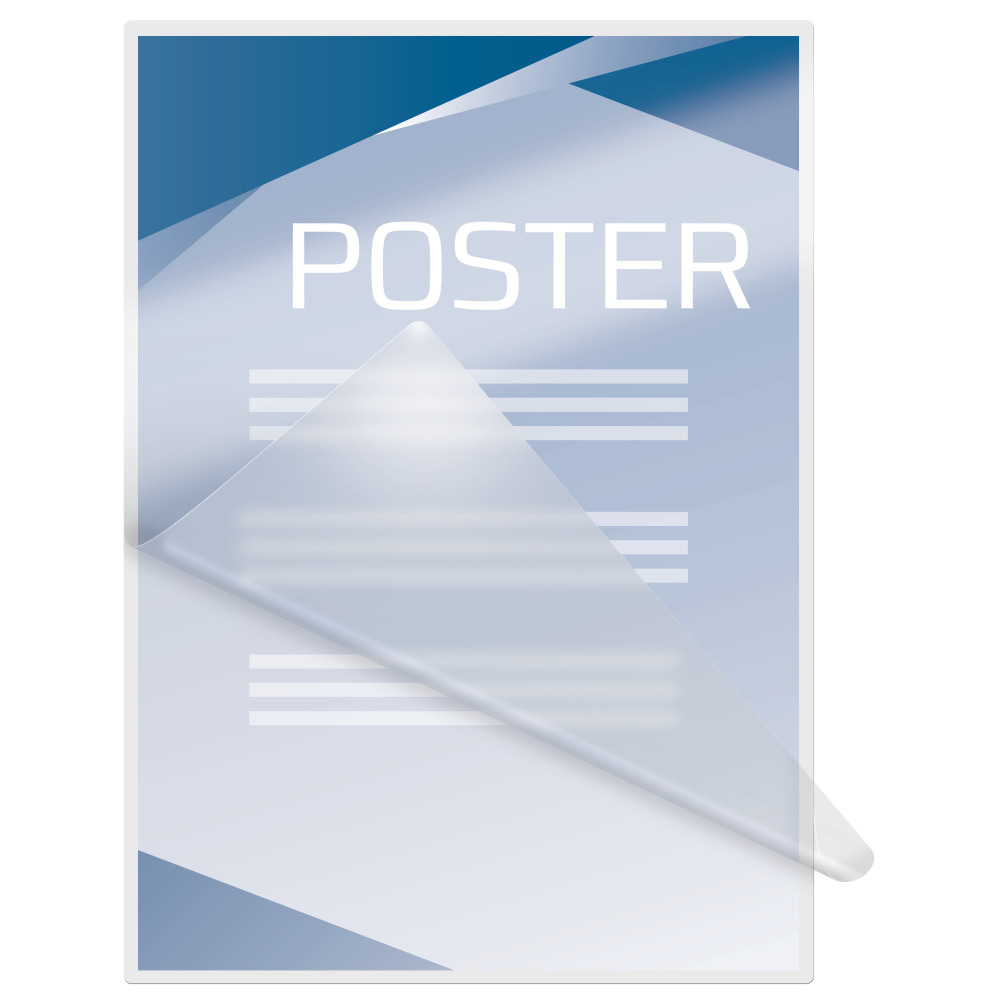 Poszter műanyag tokban. A 'POSTER' szó látható. Kék és fehér háttér.