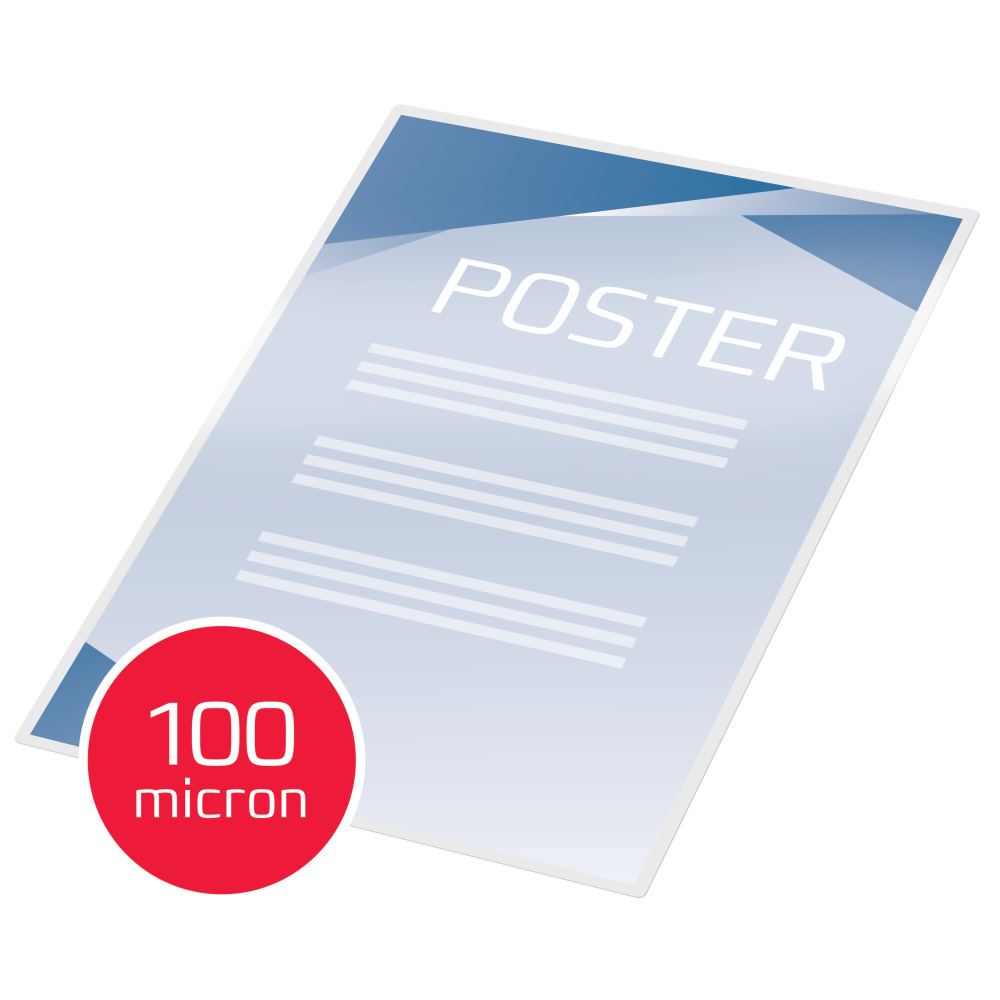 Egy átlátszó poszterlap, a POSTER felirattal, egy piros körrel, amely 100 mikront ír.