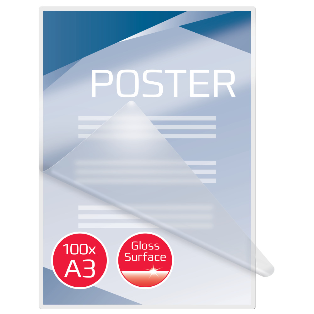 A3-as poszterlapok 'POSTER' szöveggel és piros körrel 'A3'-mal és 'Gloss Surface'-szel. Fehér háttér.