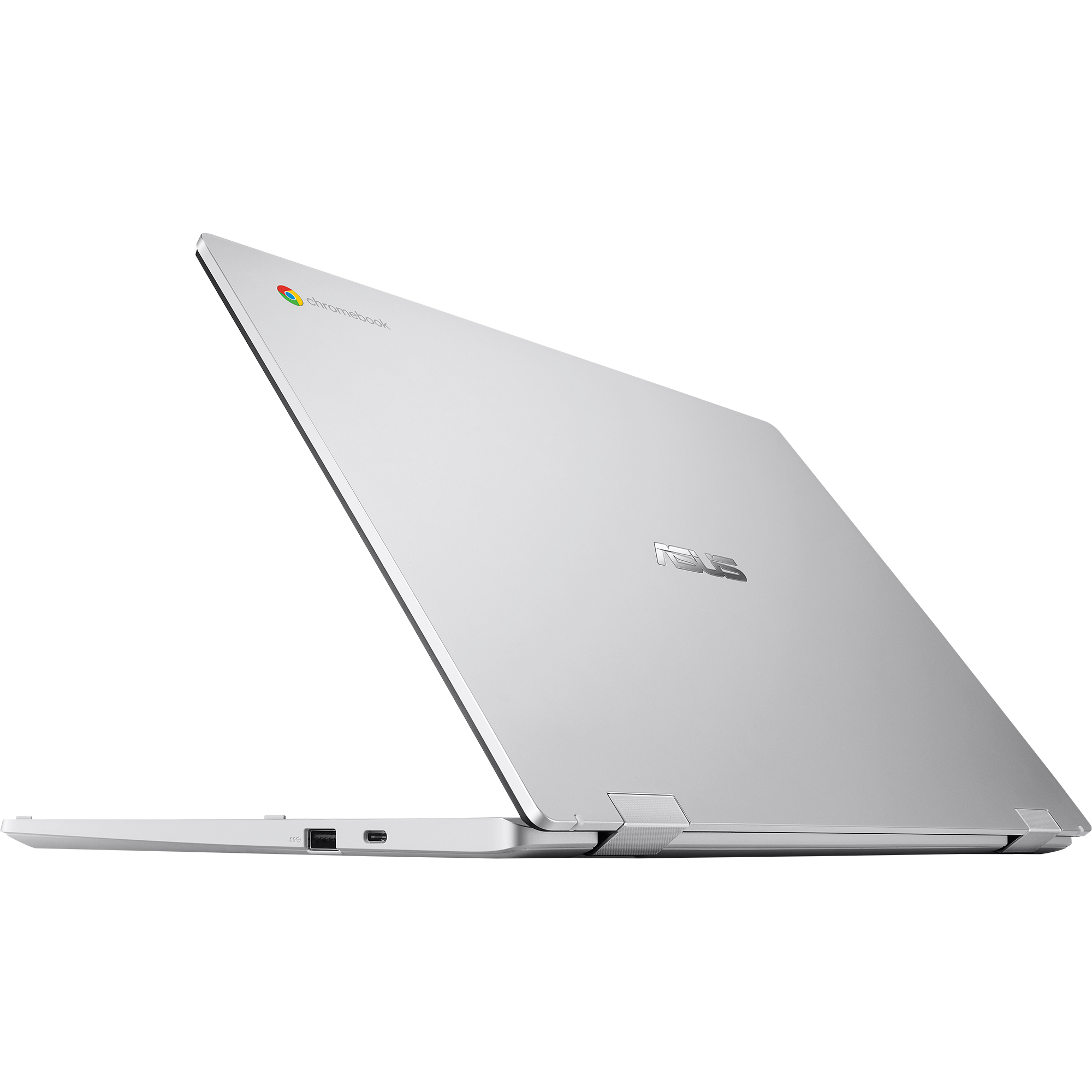 Silberner ASUS Chromebook Laptop geneigt, zeigt die Seite mit Anschlüssen, auf weißem Hintergrund.