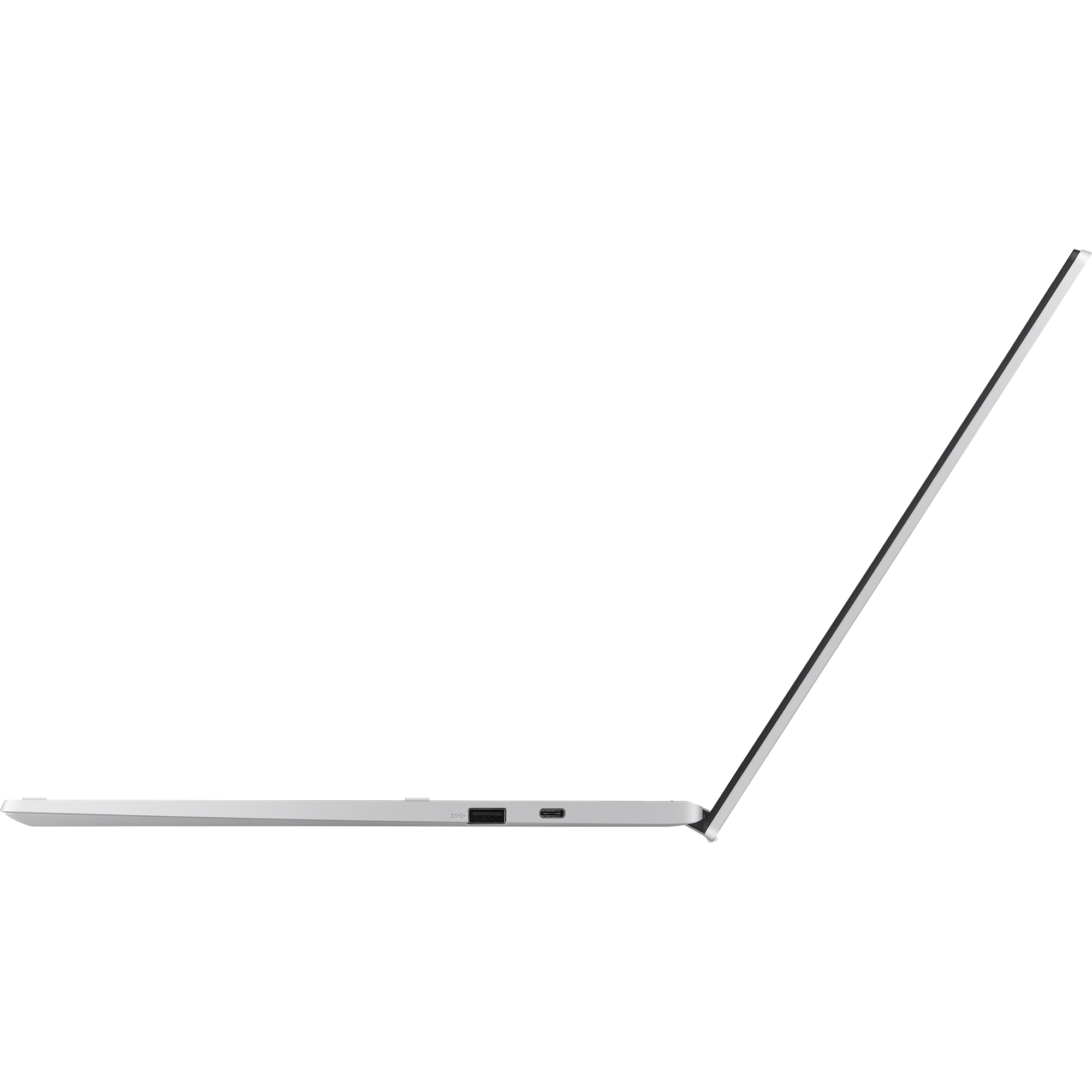 Seitenansicht eines silbernen Laptops mit geöffnetem Bildschirm auf weißem Hintergrund.