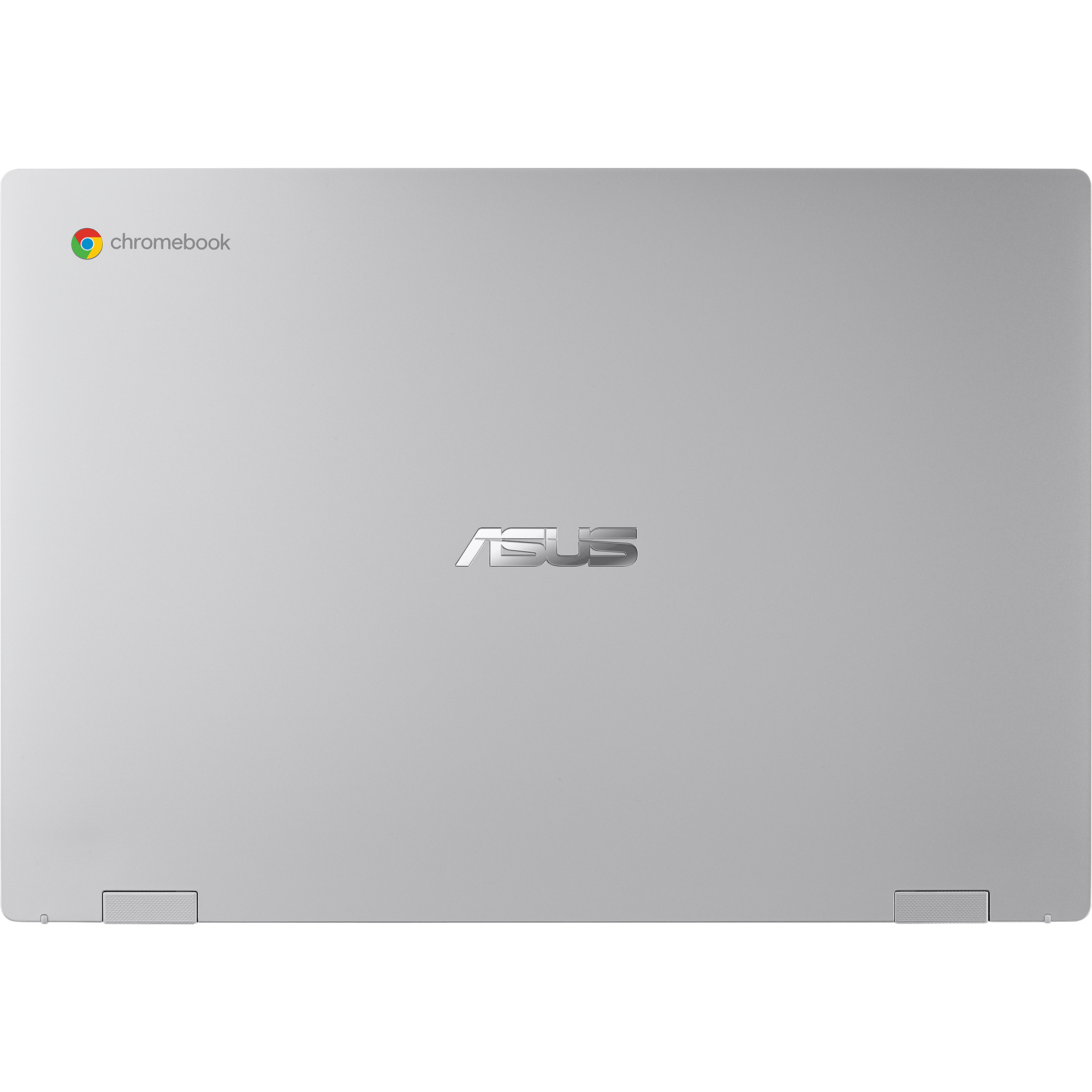 Silberner Laptop, Draufsicht, mit Chromebook-Logo und ASUS-Logo, weißer Hintergrund.