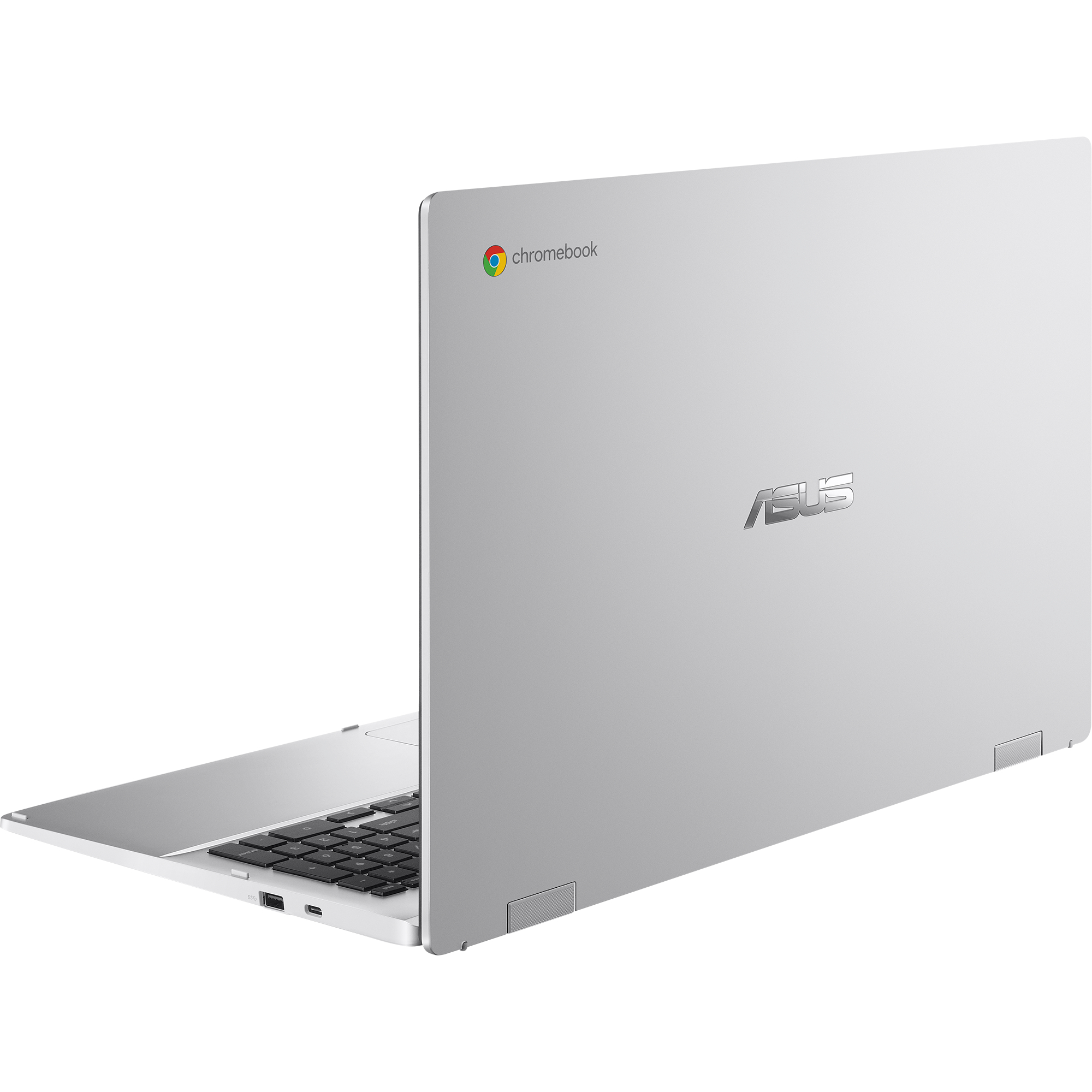 Silberner ASUS Chromebook Laptop geöffnet und gedreht, zeigt die Rückseite mit dem Logo, auf Weiß.
