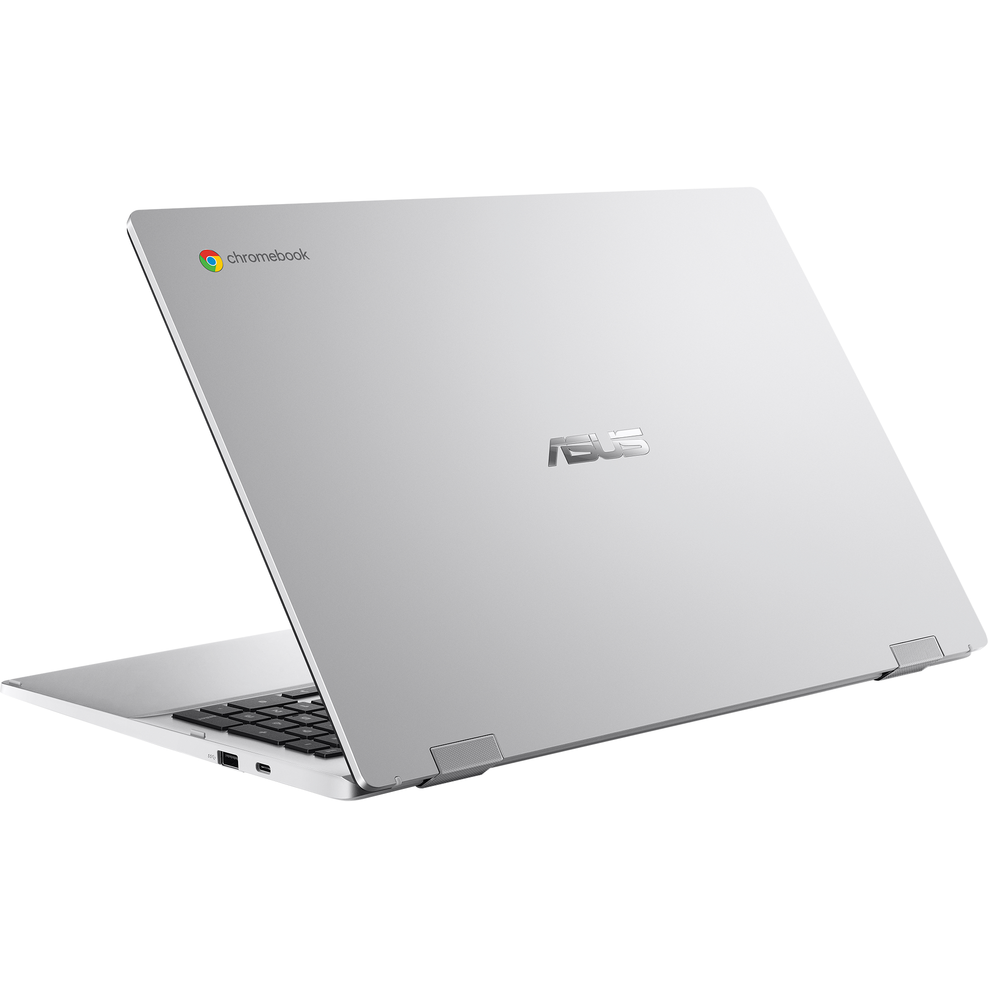 Ein silberner Chromebook-Laptop mit Chrome-Logo ist geöffnet.