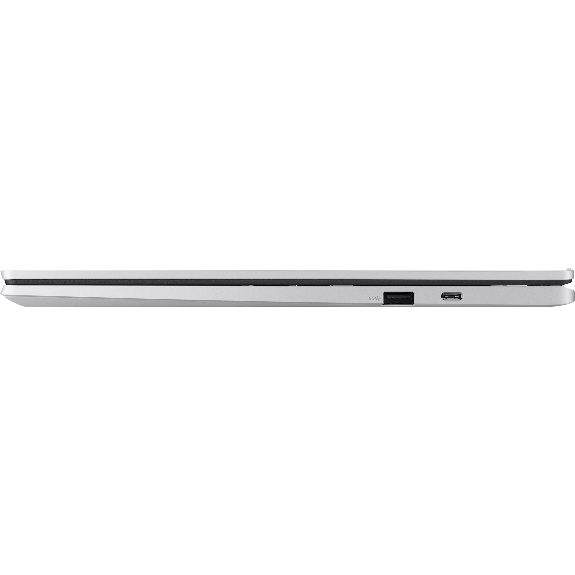Ein silberner Laptop, geschlossen, zeigt die Seite mit Anschlüssen, einschließlich USB und USB-C.