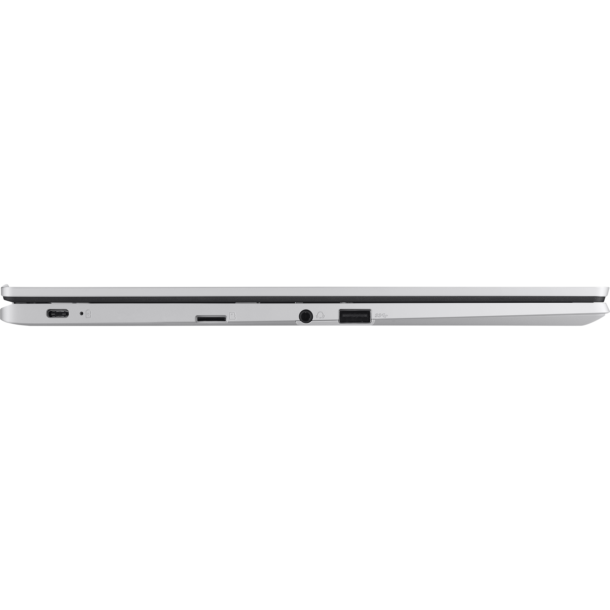 Seitenansicht eines silbernen Laptops mit Anschlüssen und Scharnier.