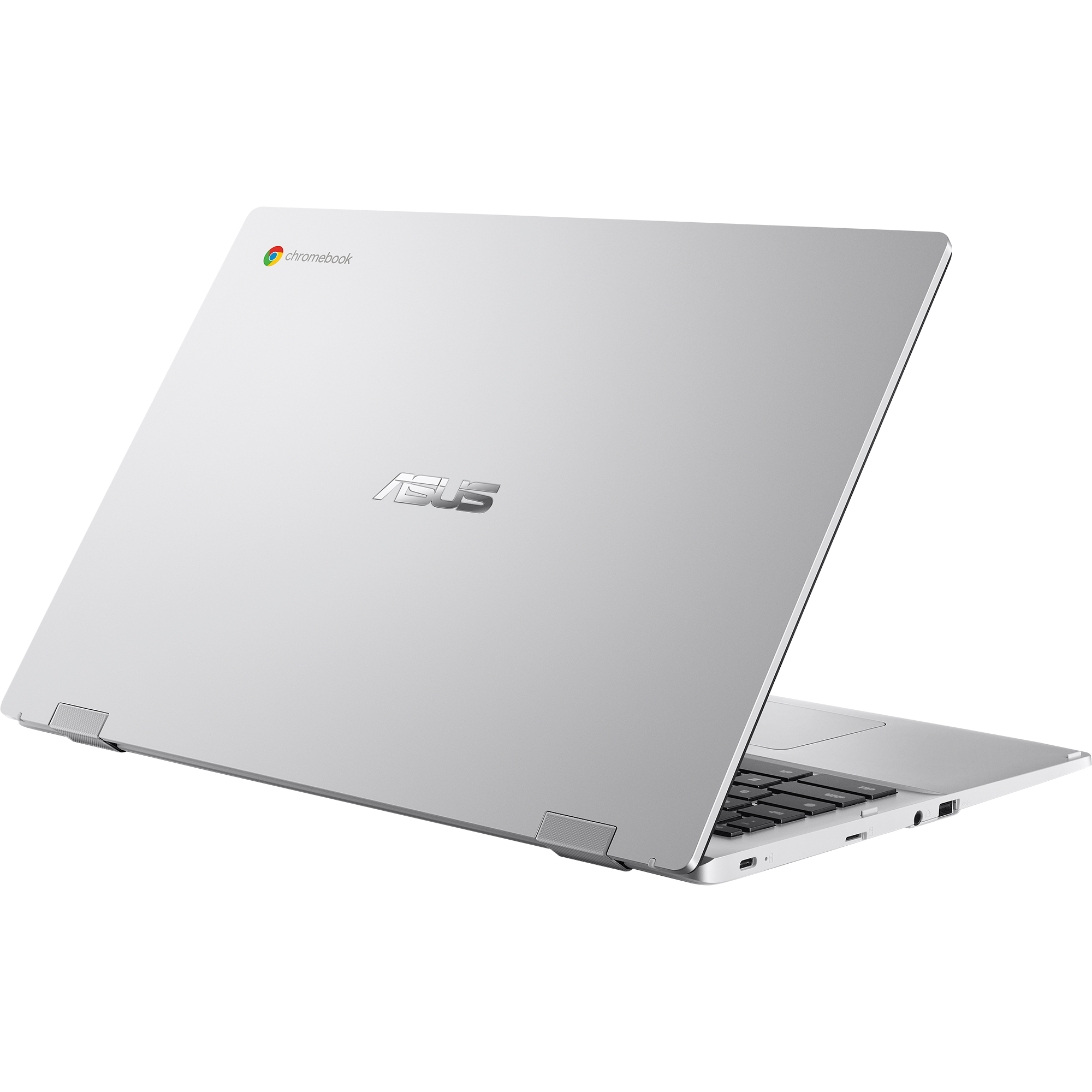 Silberner Chromebook-Laptop, Rückansicht, geöffnet. Asus-Logo sichtbar.