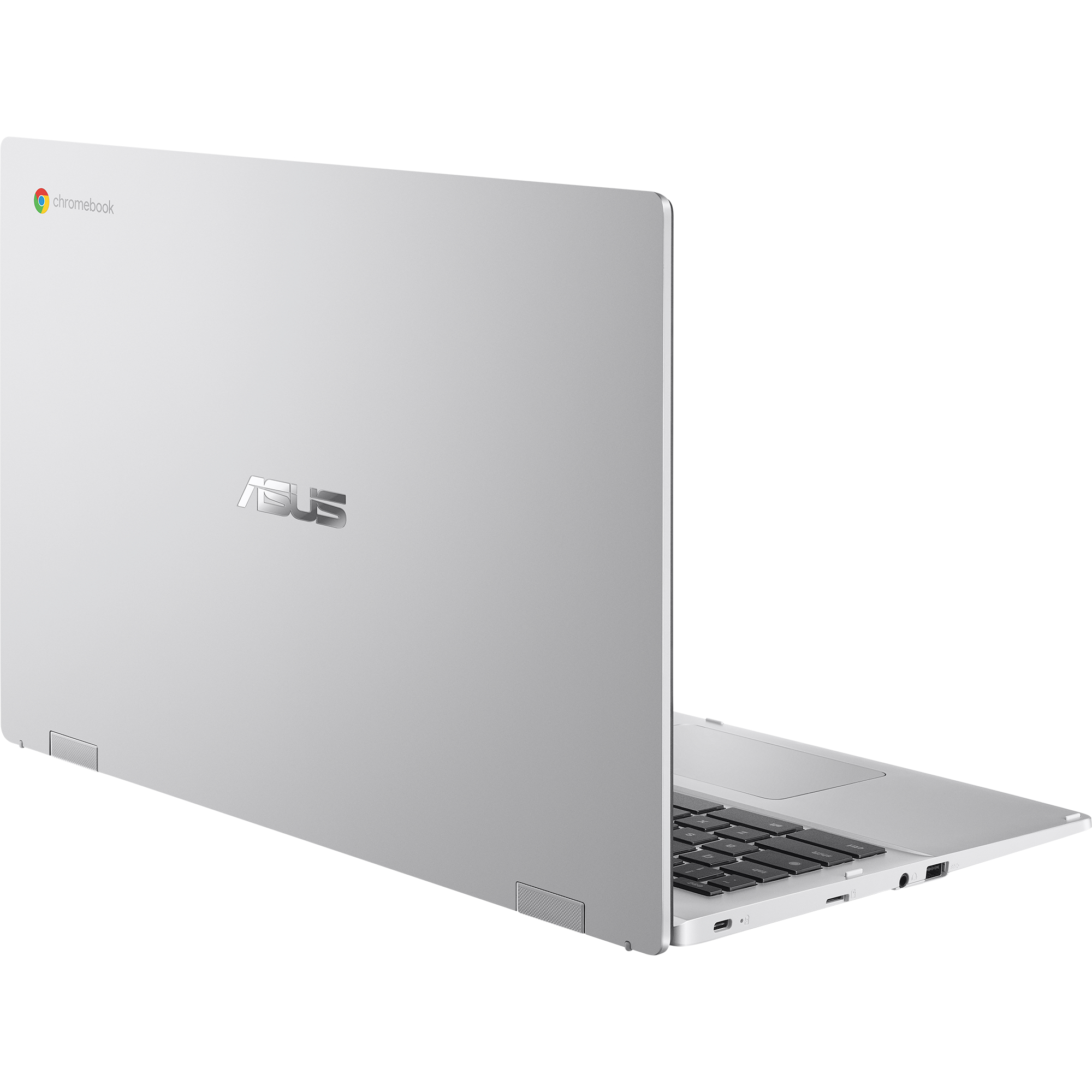 Silbernes ASUS Chromebook Laptop, Rückansicht, teilweise geöffnet, auf Weiß.