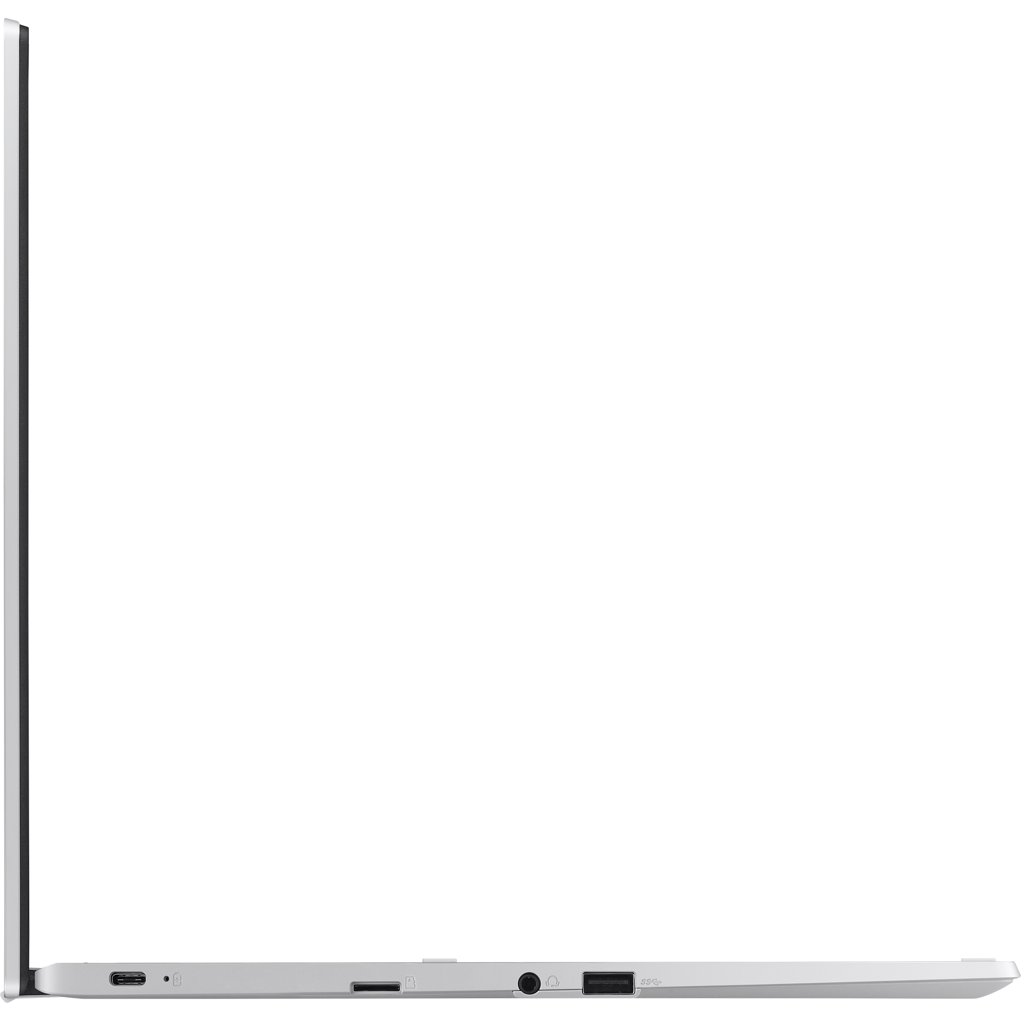Seitenansicht des silbernen Laptops. Geschlossen, mit sichtbaren Anschlüssen an der Seite.