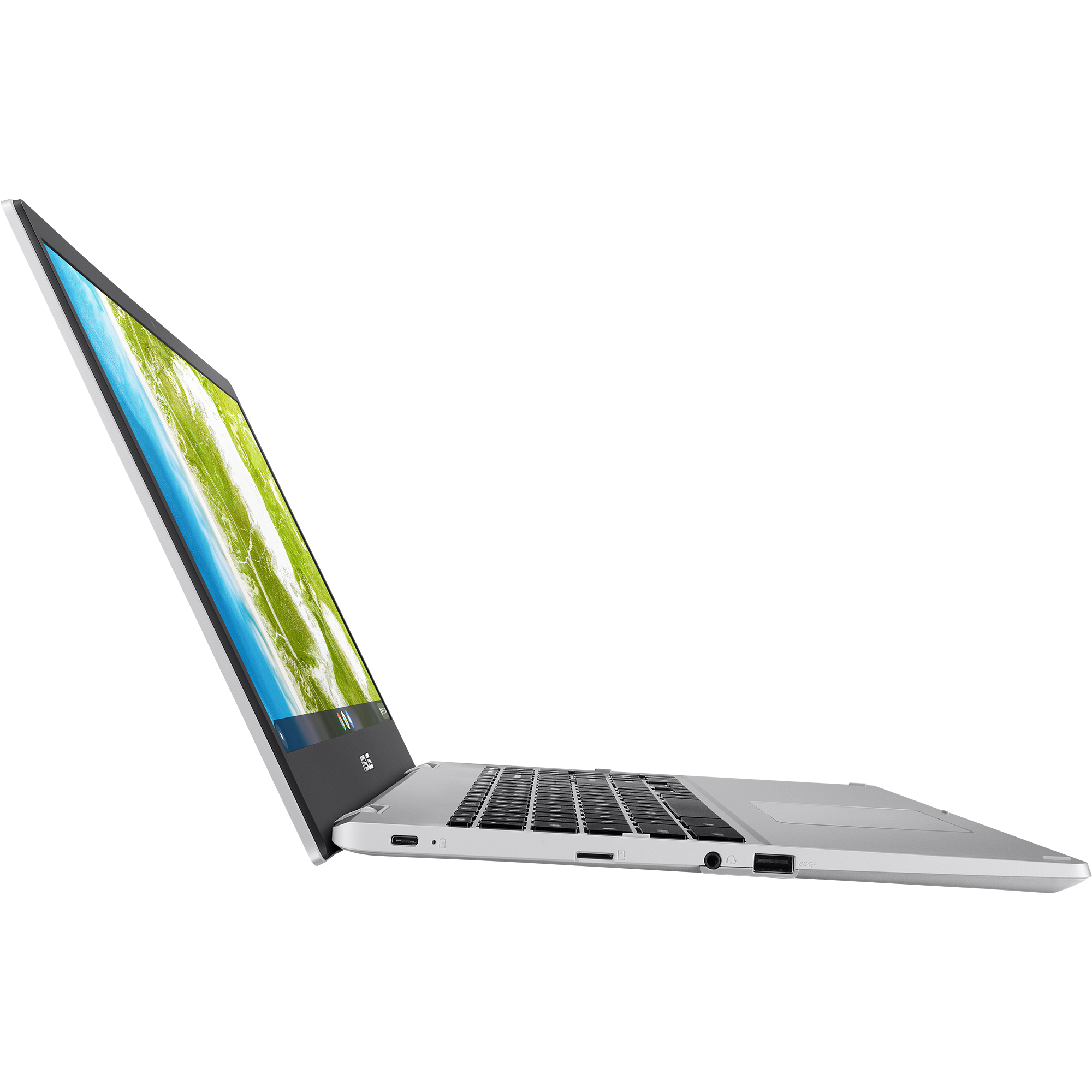 Ein silberner Laptop, geöffnet, mit einem hellgrünen und blauen Bildschirm. Weißer Hintergrund.