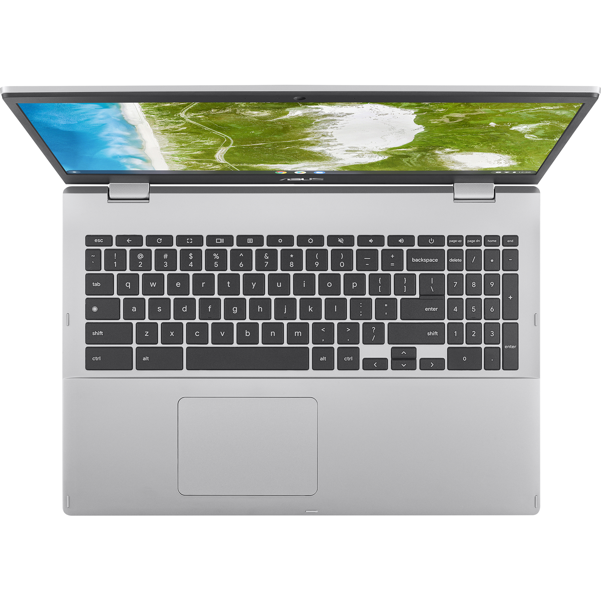 Laptop mit geöffnetem Bildschirm, der eine Landschaft mit Strand und Wasser zeigt.