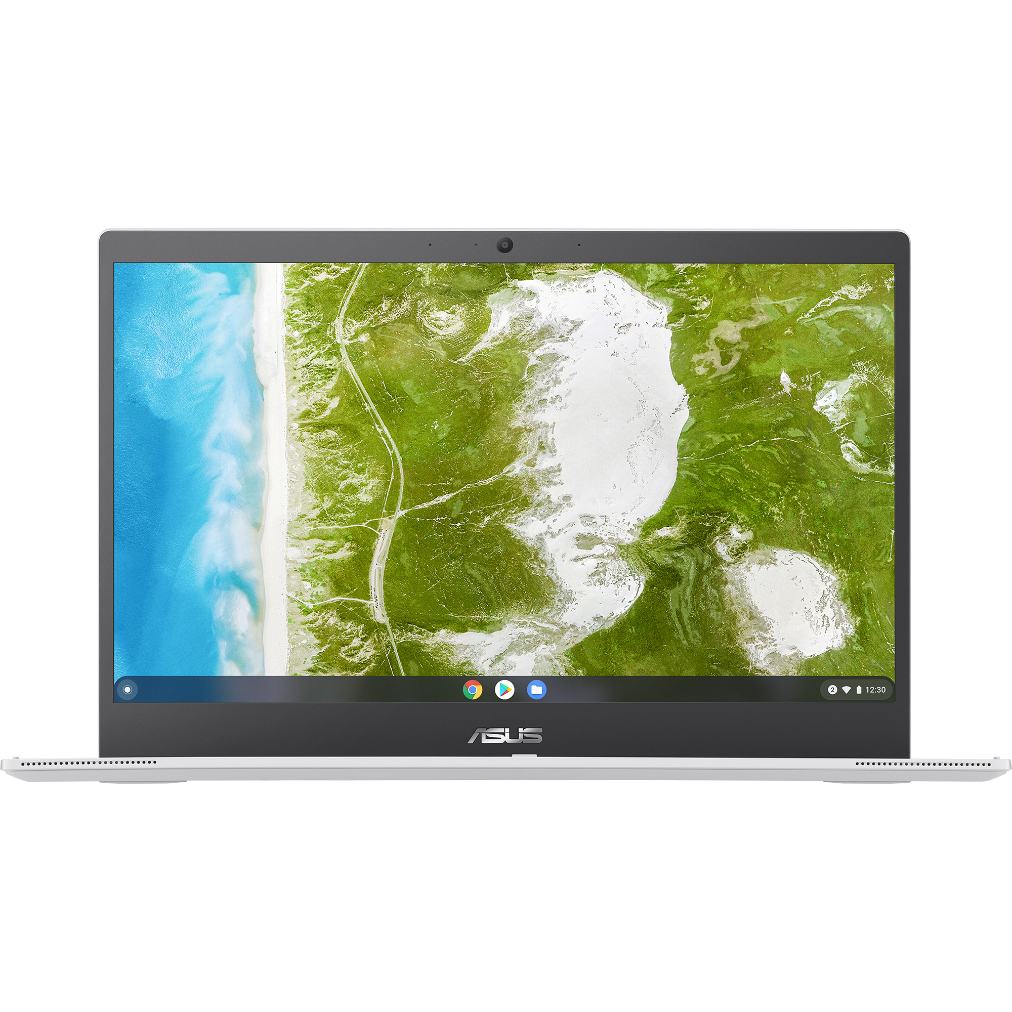 Ein silbernes ASUS Chromebook Laptop, von oben betrachtet, mit Landschaft auf dem Bildschirm.