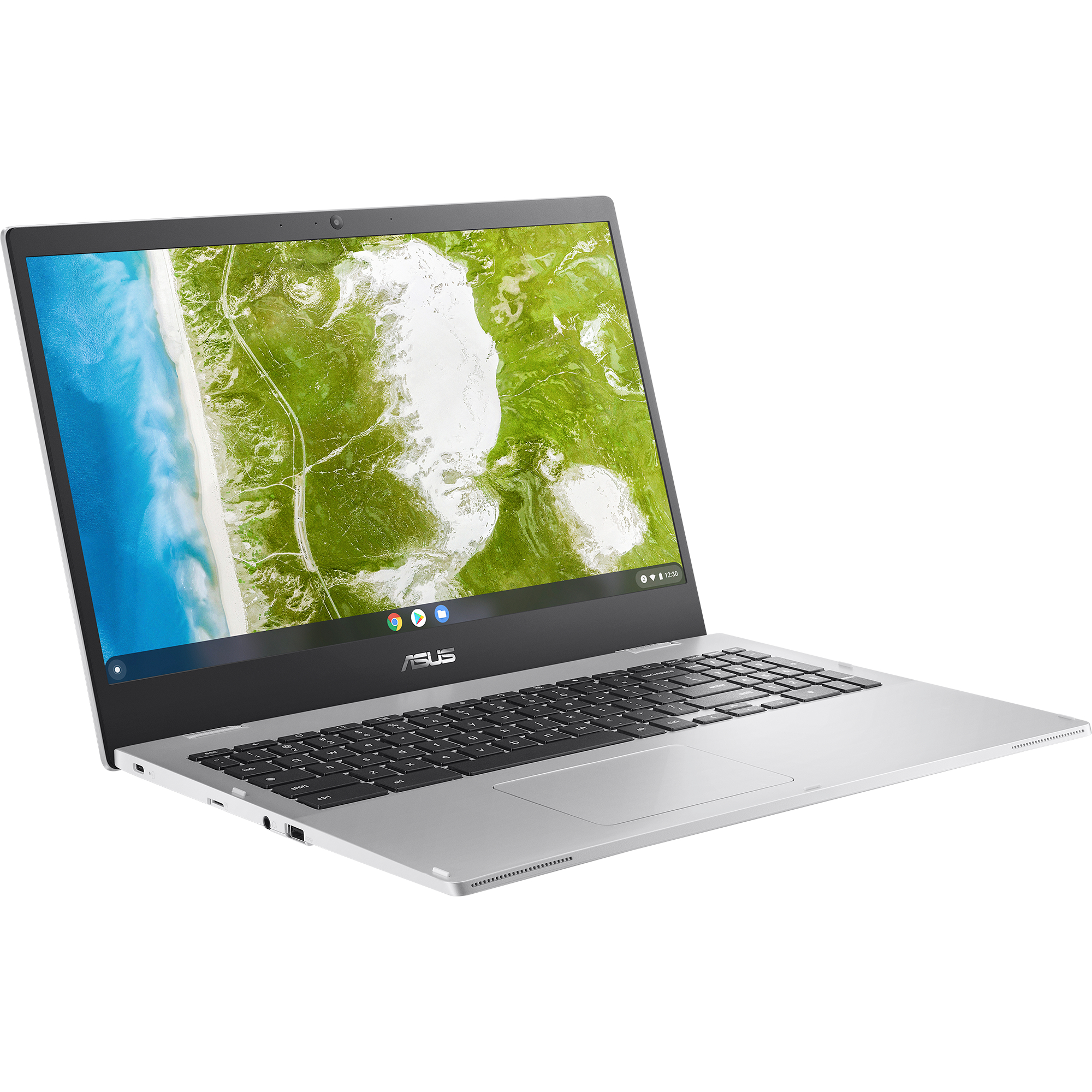 Ein silberner ASUS-Laptop ist geöffnet und zeigt eine Naturszene auf dem Bildschirm.