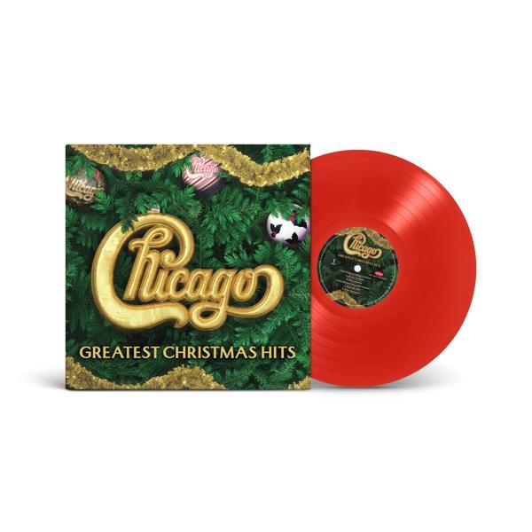 Album borító és piros bakelit lemez. Az album a 'Chicago Greatest Christmas Hits'. Arany Chicago logó, karácsonyfa háttér.