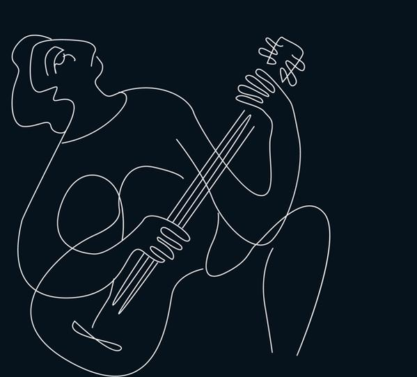 Strichzeichnung einer Person, die Gitarre spielt. Die Figur ist weiß auf dunkelblau.