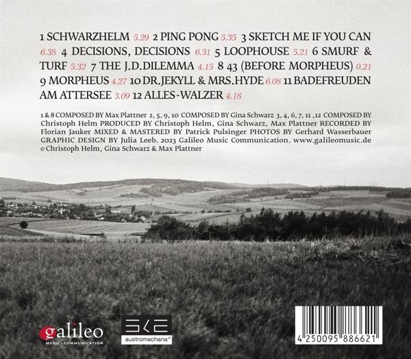 Albumcover mit Titelliste, Schwarz-Weiß-Landschaftsfoto und Logos unten.