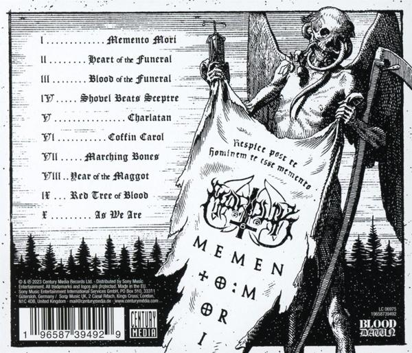 Albumcover mit einem Skelett, das eine Flagge hält, Songtitellisten und Bandlogo.