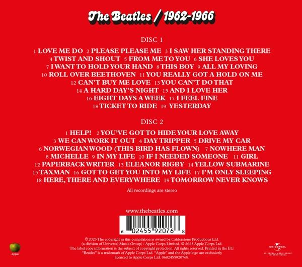 Roter Hintergrund mit Text aus dem Album der Beatles: 1962-1966. Enthält Titellisten.