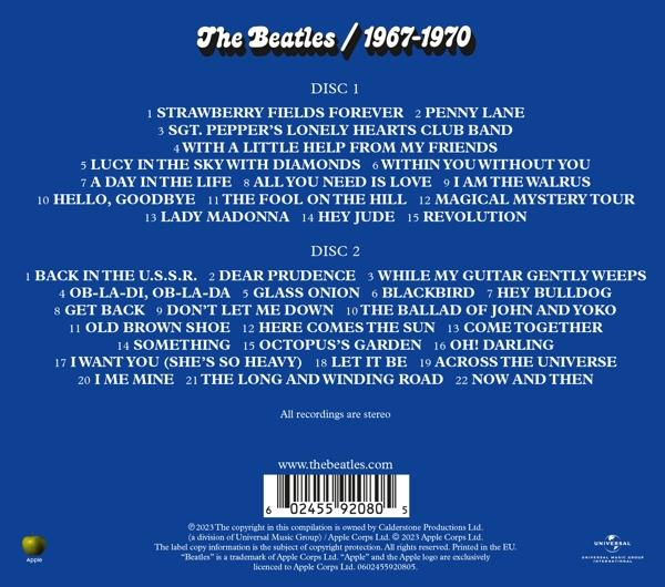 Das Beatles-Albumcover mit einer Titelliste von 1967-1970, mit Titel und Titelliste.