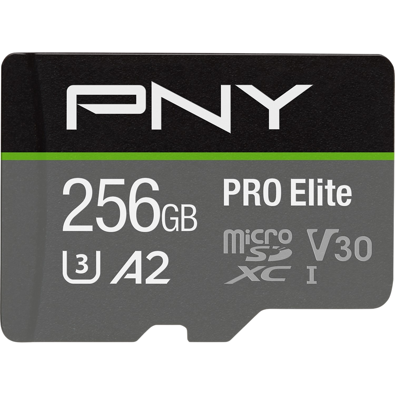 PNY micro SD-kaart. Hij heeft 256 GB en een V30-snelheidsclassificatie.