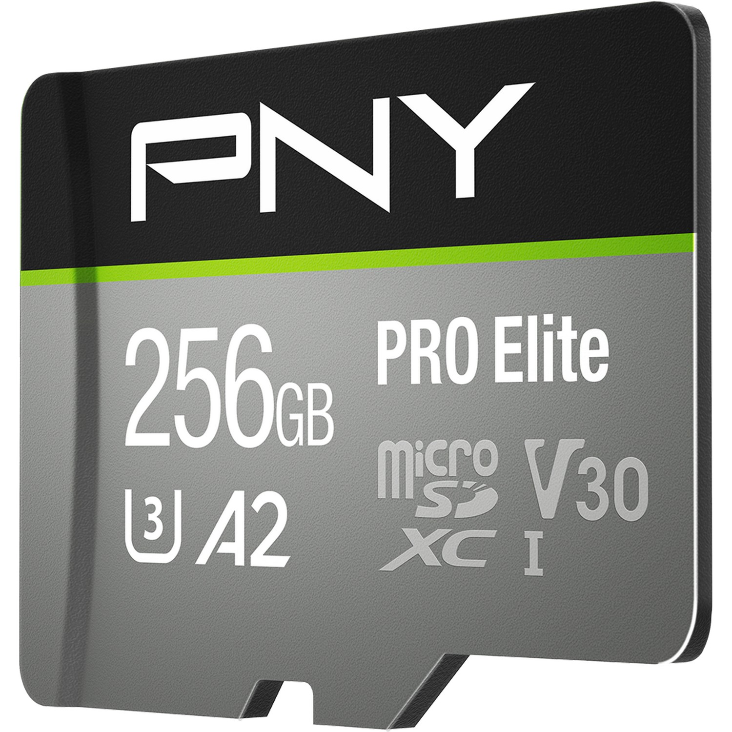 PNY 256GB Pro Elite MicroSD-kaart. Grijs met groene streep en witte tekst.