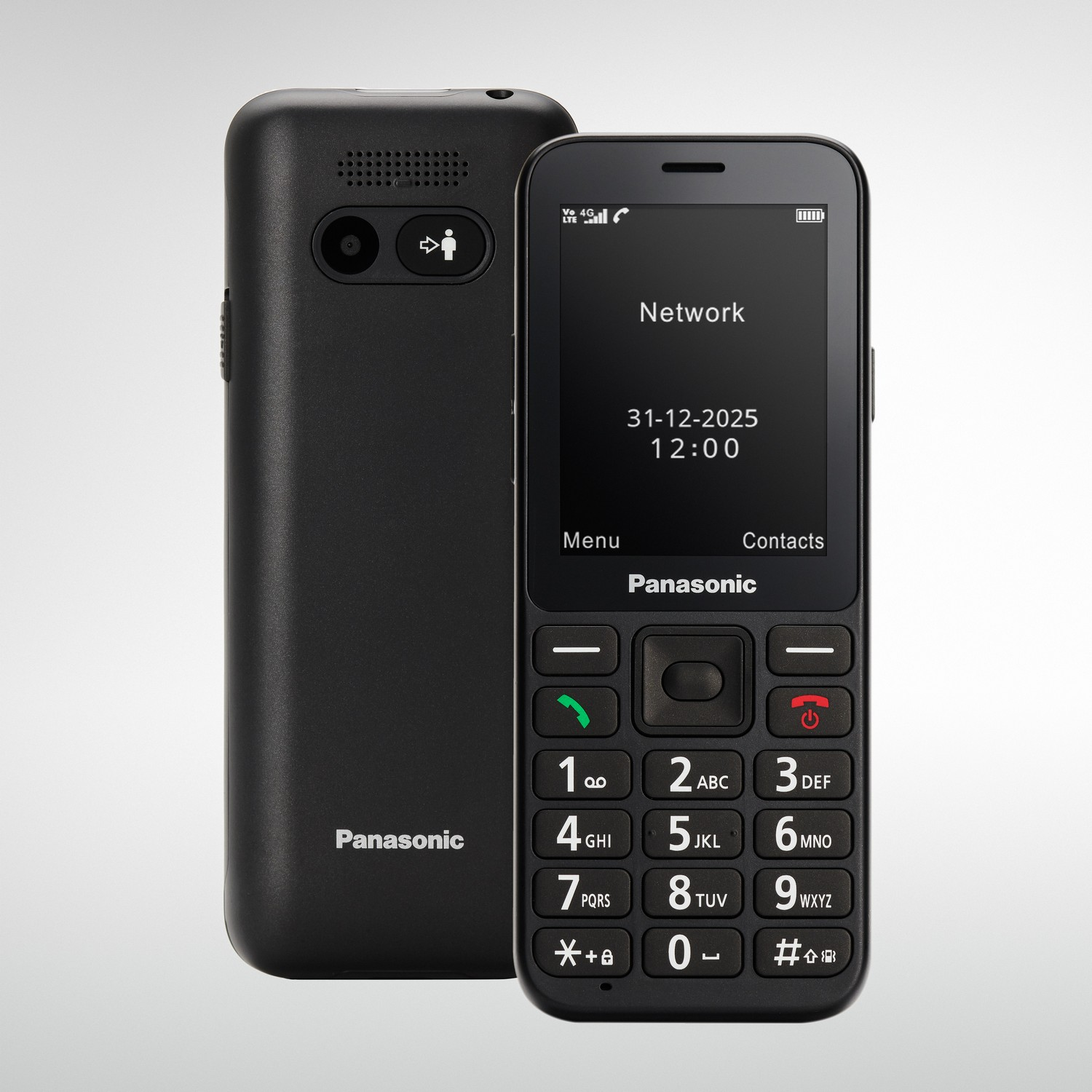 Black Panasonic phone, showing the front and back sides.