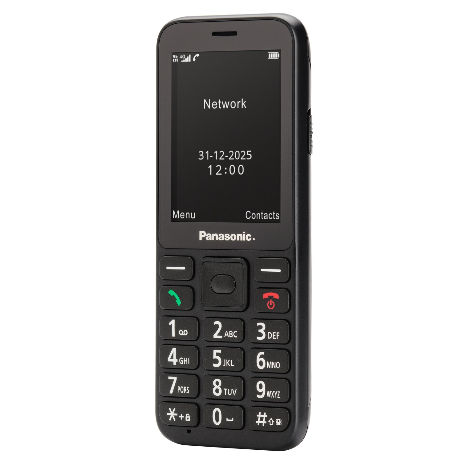 Black Panasonic mobile phone with large buttons and a screen displaying date and time.