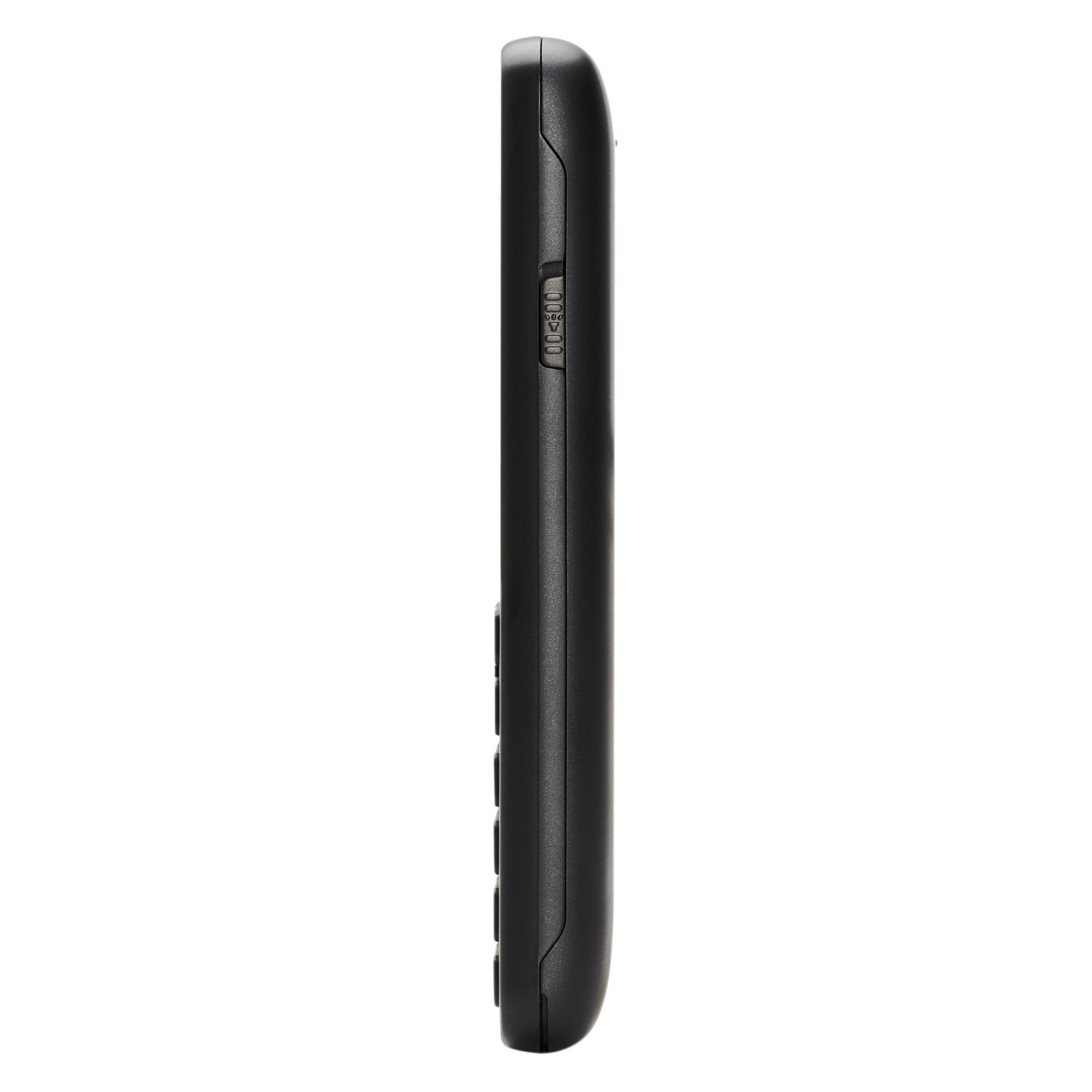 Black mobile phone, profile view, with buttons on the side, on white background.