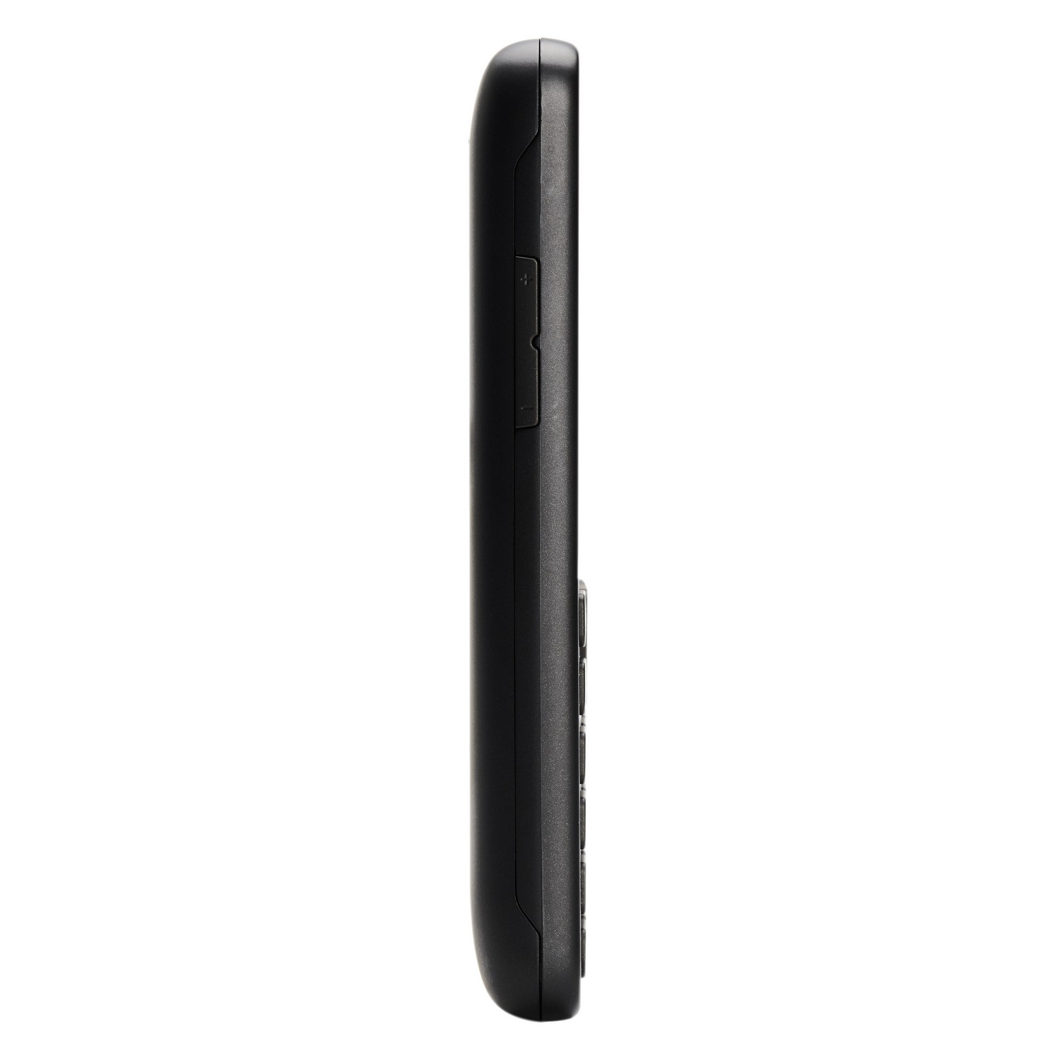 Side view of a black mobile phone, showing the side with buttons and a charging port.