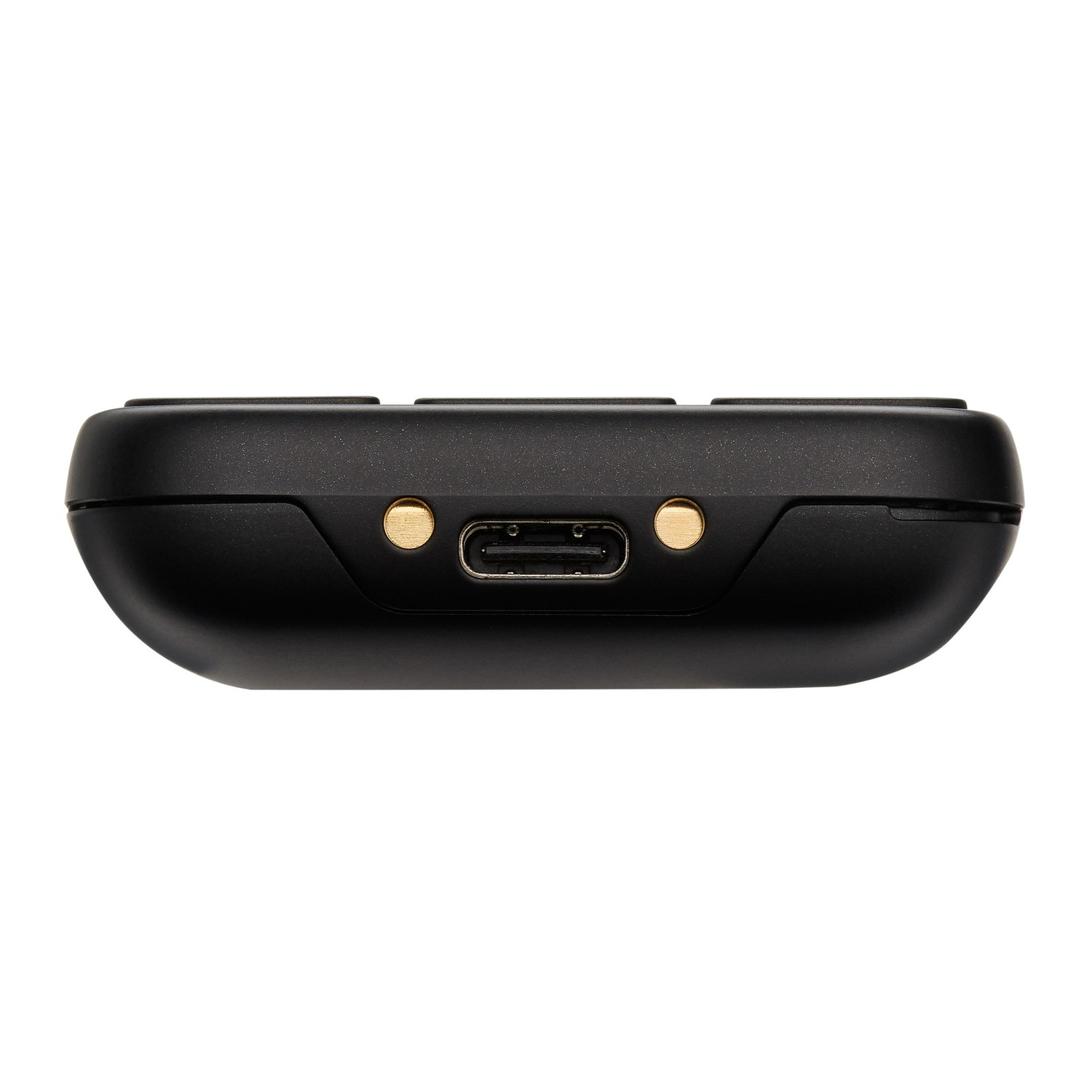 Black device, bottom view, with a charging port and two golden dots.