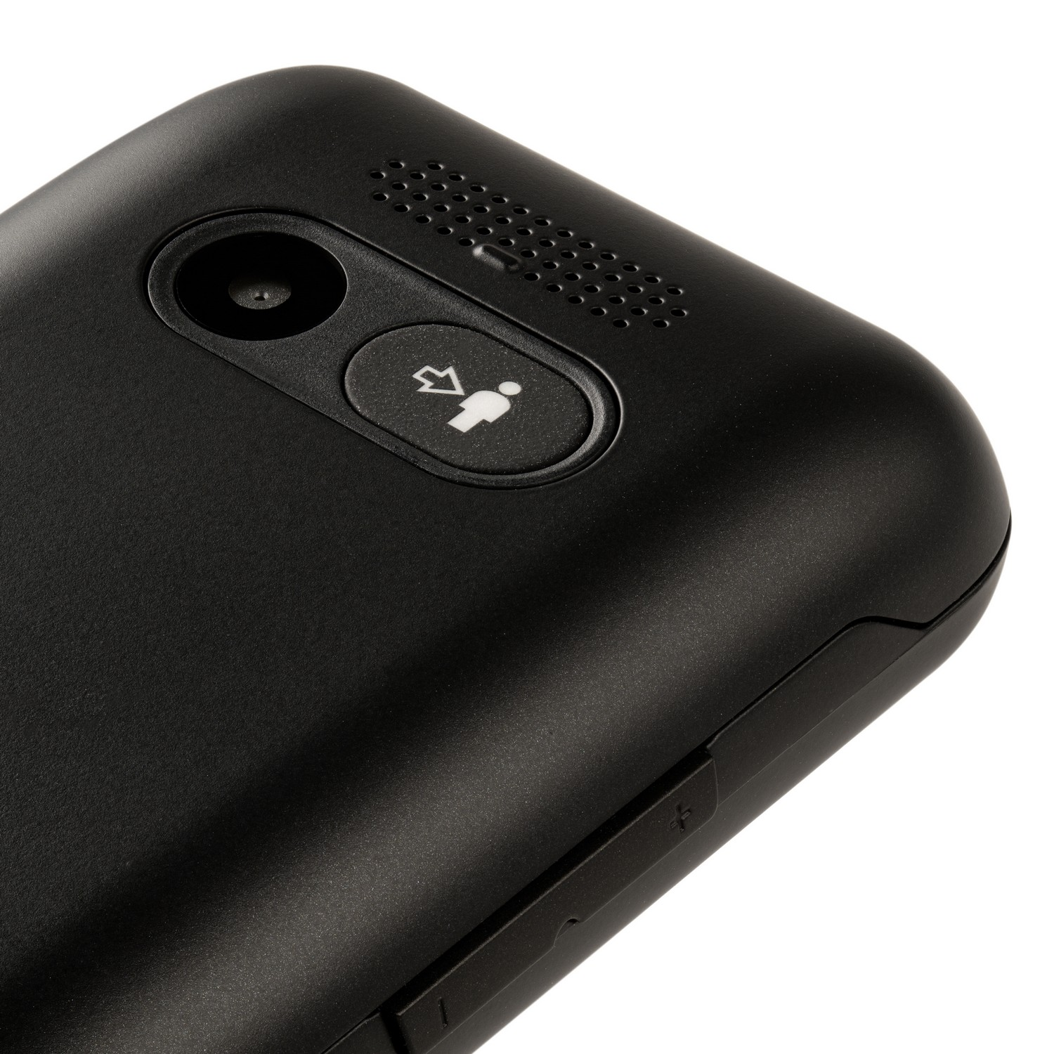 Close-up on the back of a black device. Button with a person icon.