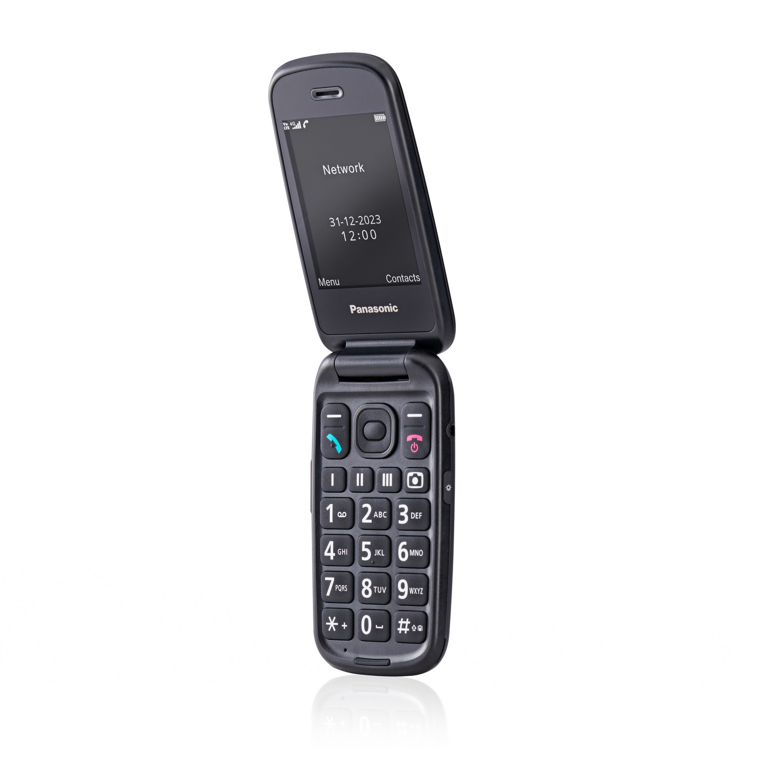Een zwarte klaptelefoon met een open scherm waarop de datum en tijd en een Panasonic-logo worden weergegeven.