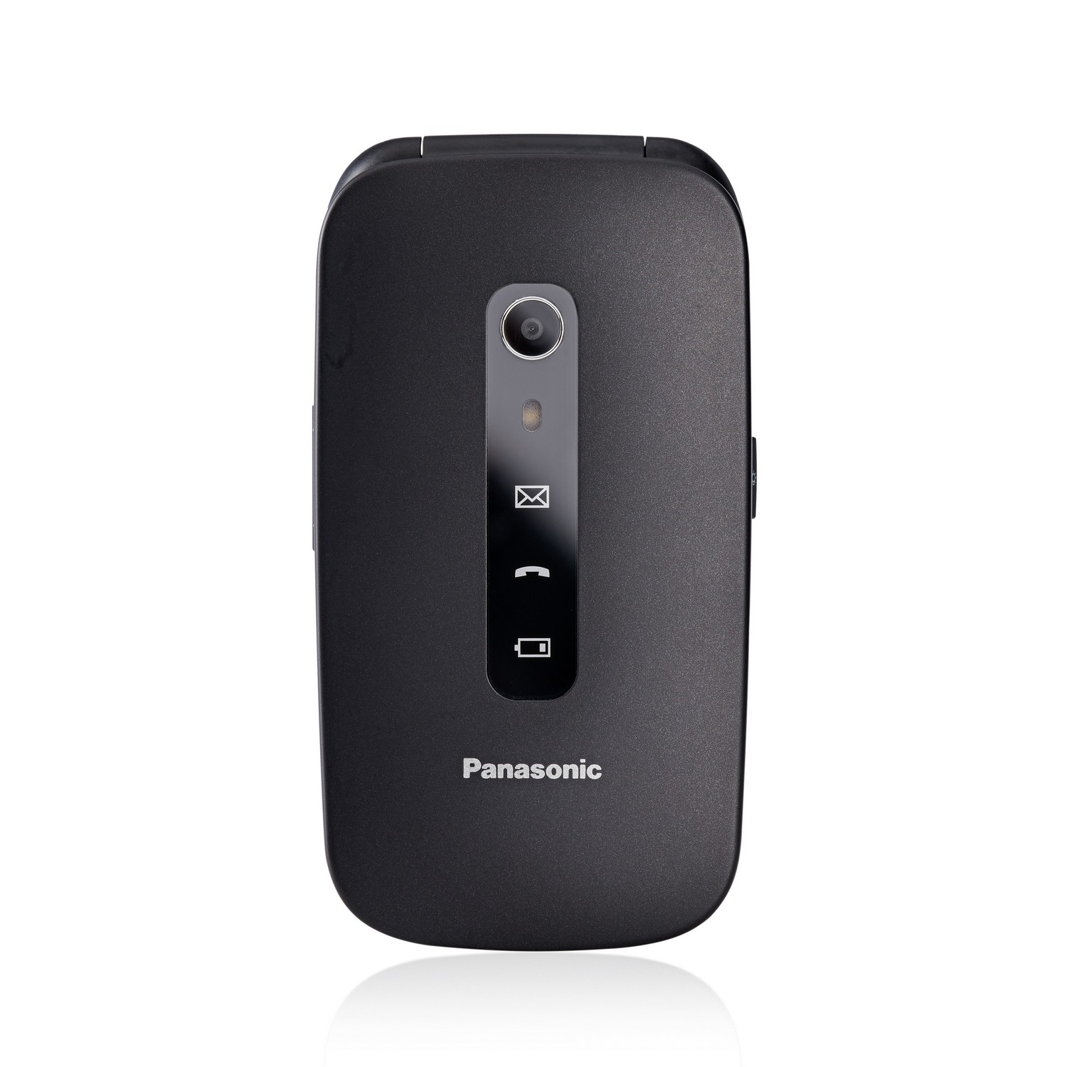 Gesloten zwarte Panasonic klaptelefoon, camera en iconen aan de voorkant. Merknaam onderaan.