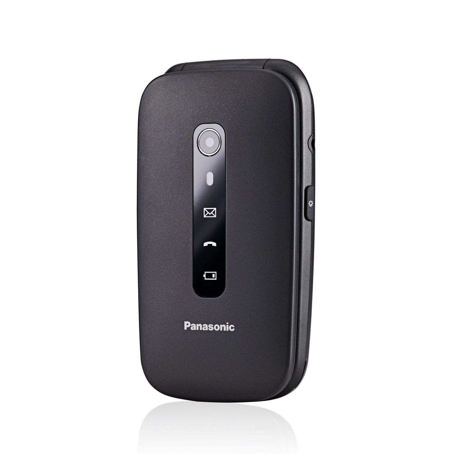 Zwarte Panasonic clamshell-telefoon, gesloten, met een camera en functieknoppen aan de voorkant.