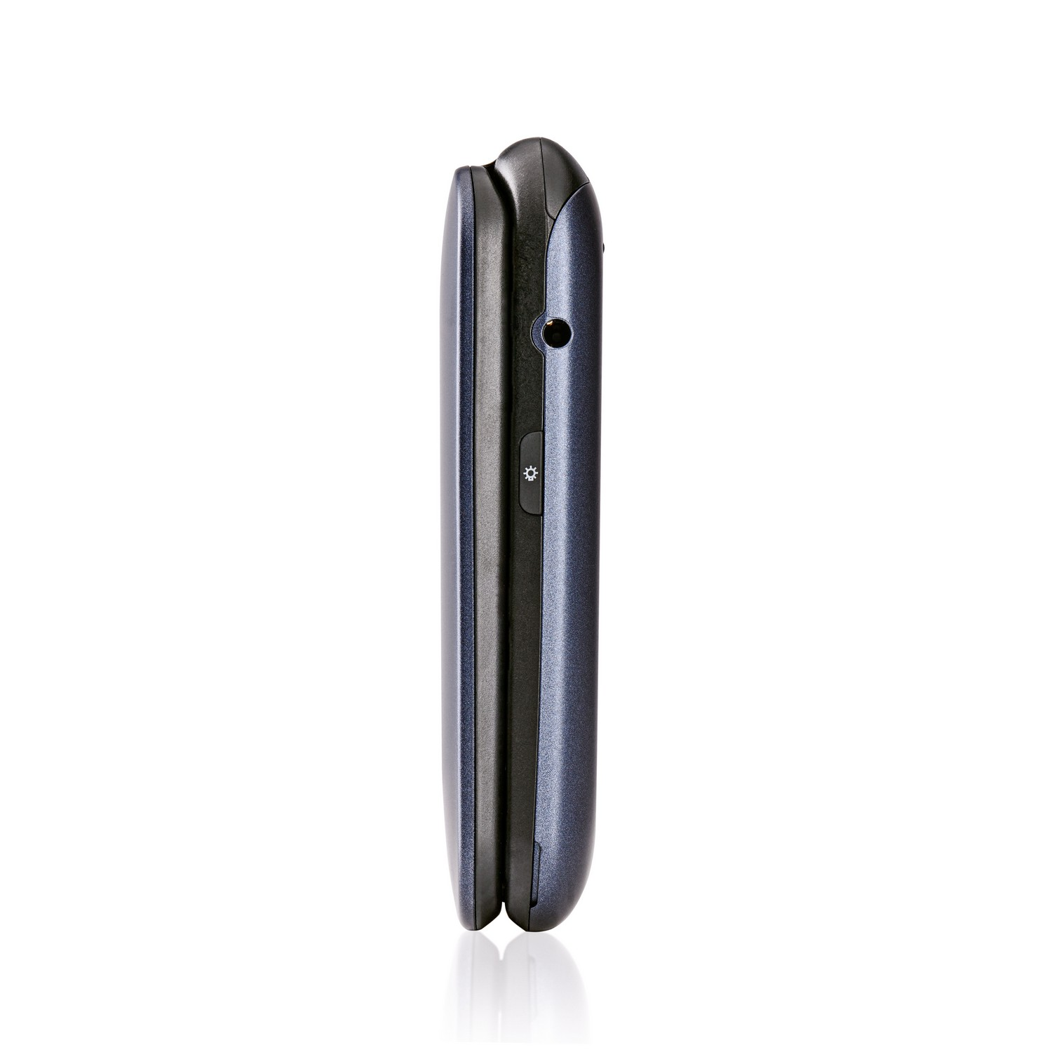 Side view of a closed flip phone. The phone is dark gray.