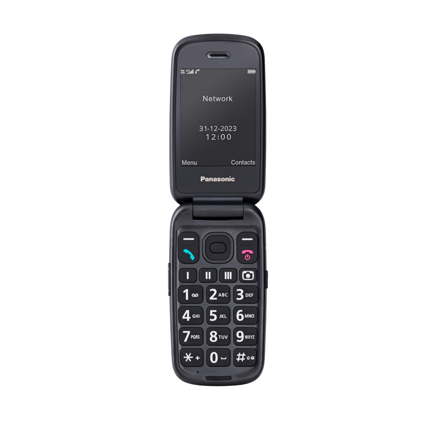 Black Panasonic clamshell phone, open, display shows date, time, and network status.