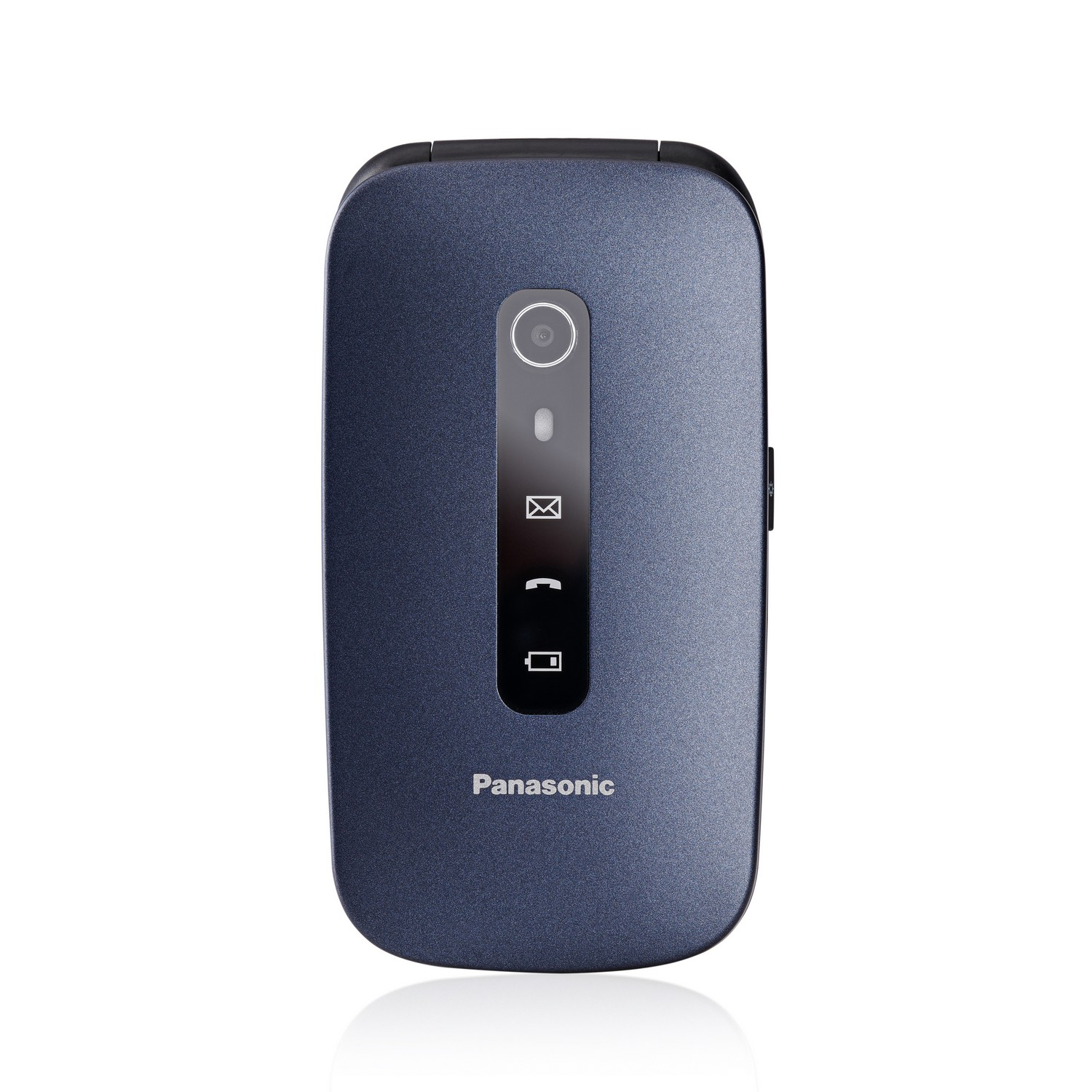 A dark blue clamshell-style phone with a camera and function icons.