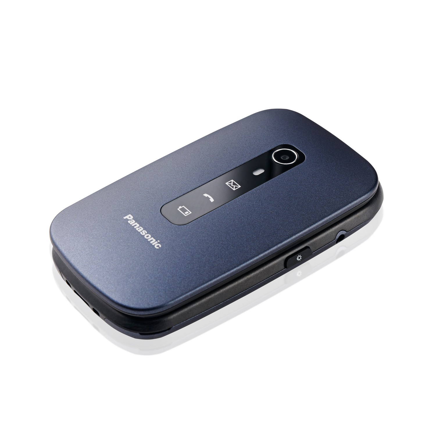 Closed blue flip phone with screen, buttons, and camera. White background.