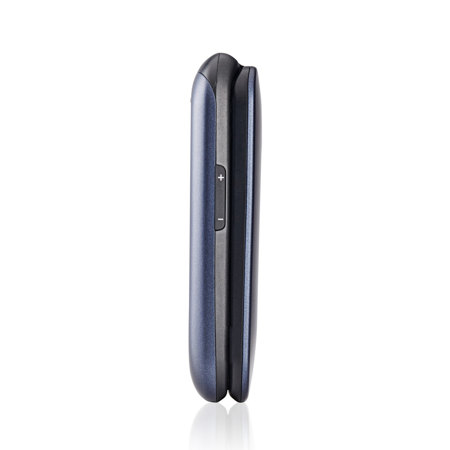 A side view of a blue and black cell phone, showing volume buttons and a curved design.