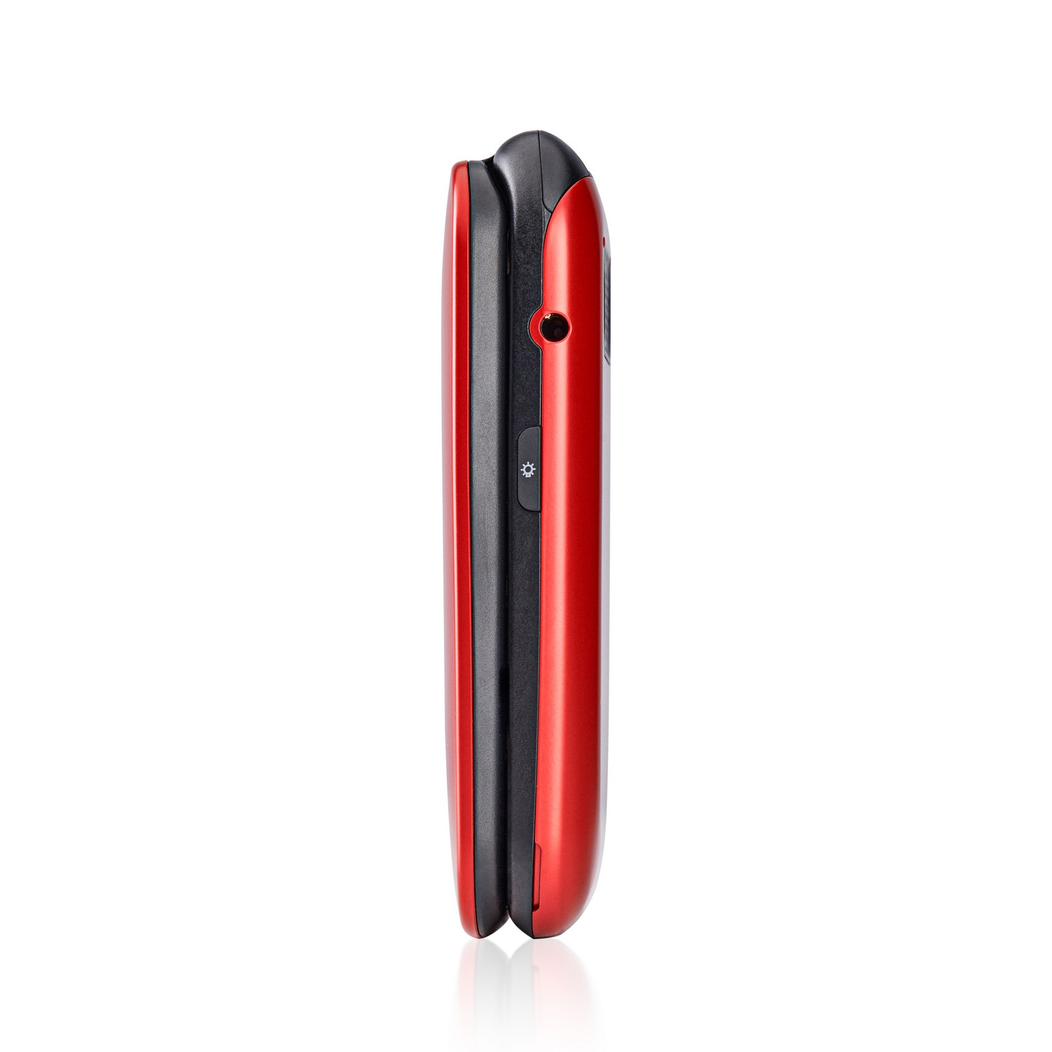 Closed red and black flip phone, side view. Red exterior with black interior. White background.