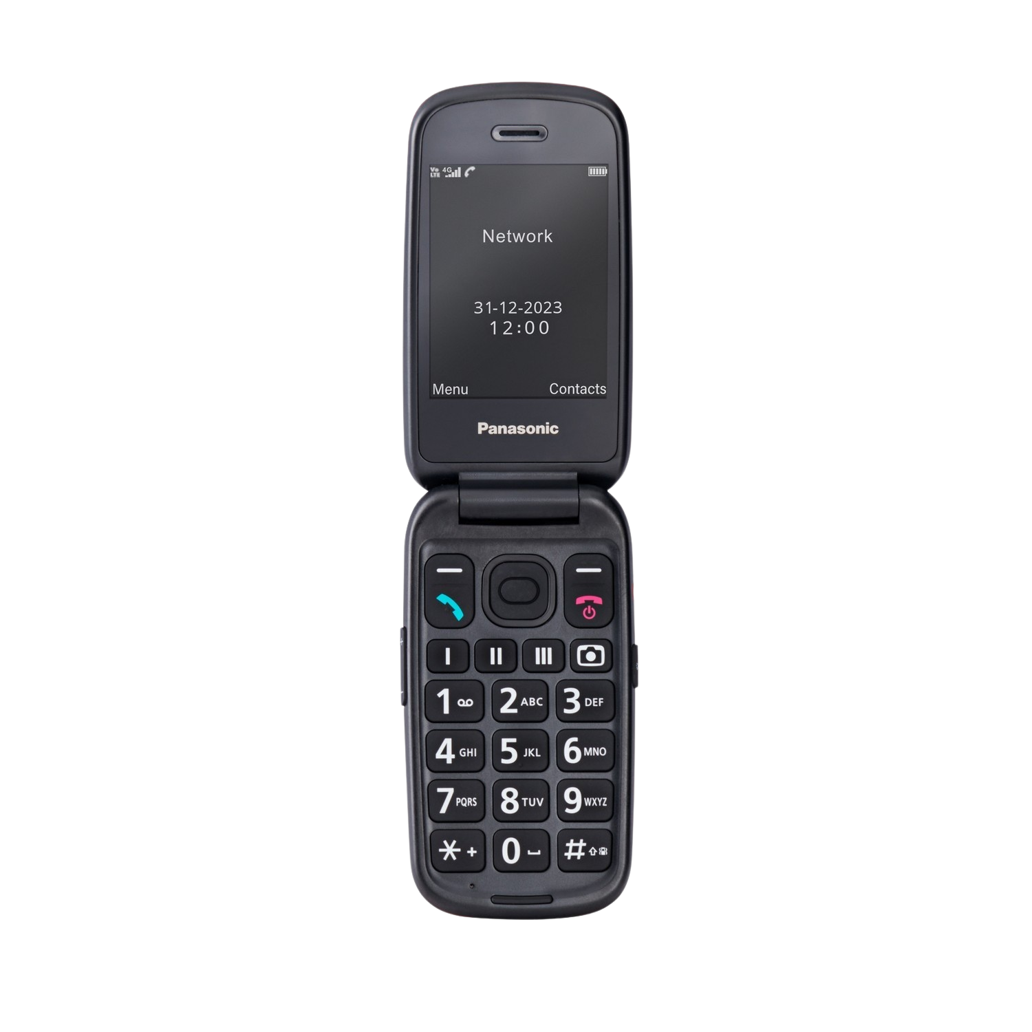 Black Panasonic flip phone, open, displaying time and date. Buttons and keypad visible.