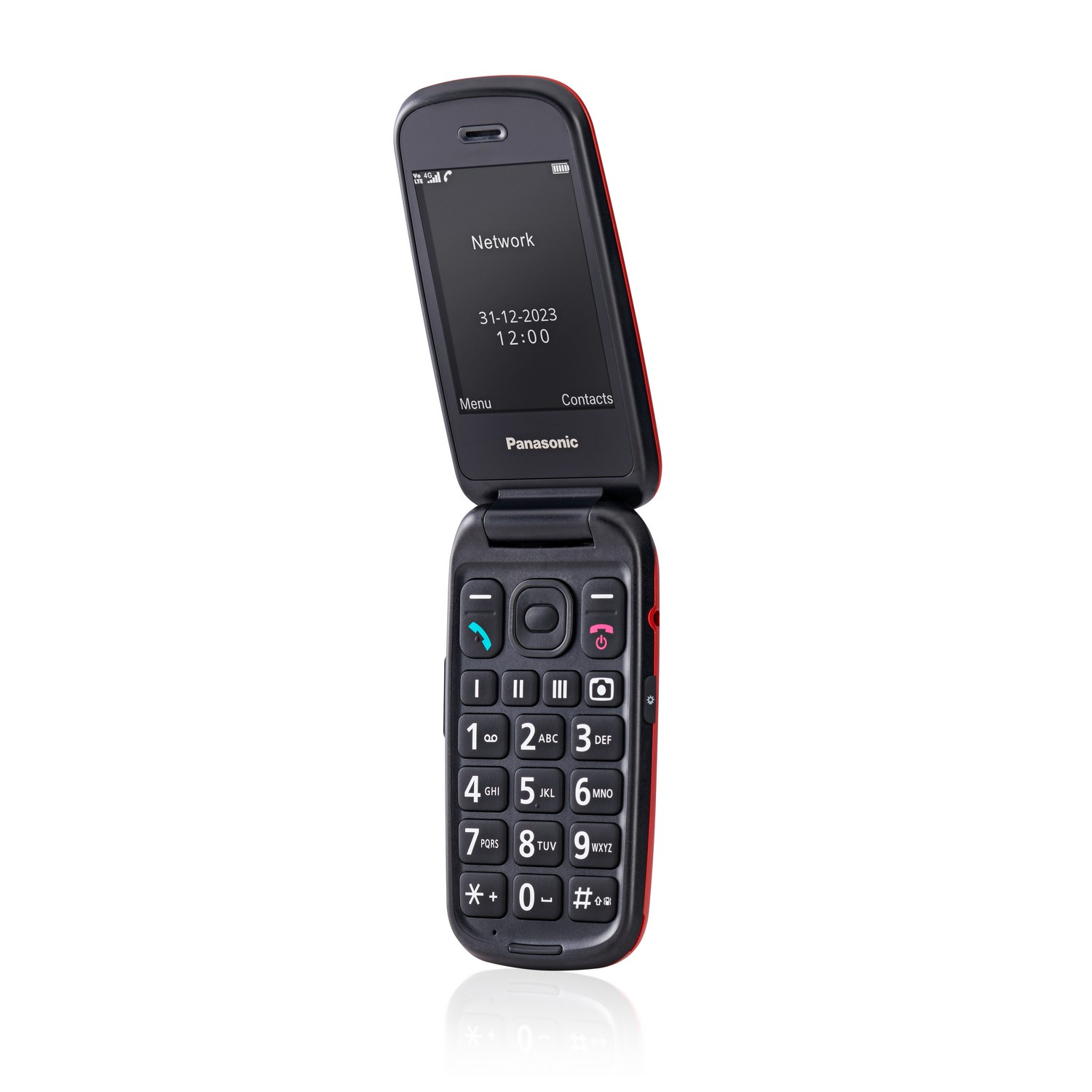 A black and red Panasonic flip phone with an open screen displaying date, time, and network status.