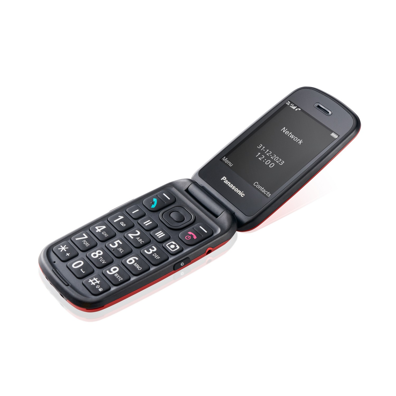 Black and red flip phone with screen displaying date and time.