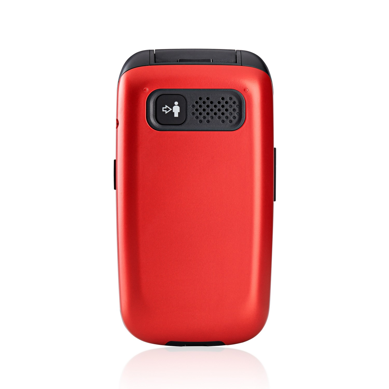 The back of a red flip phone with an ear speaker and an arrow pointing to a person.