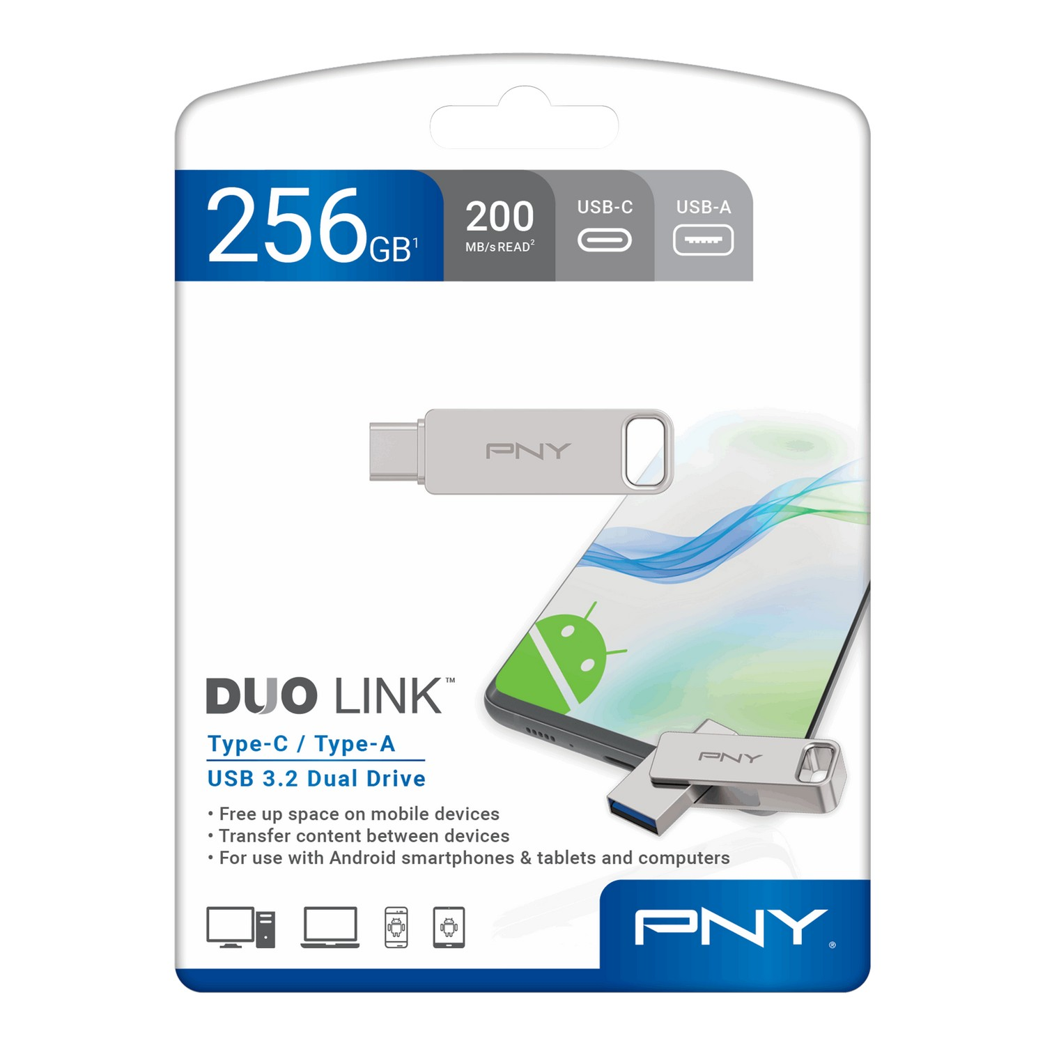 A USB drive in packaging. It is silver with a USB-C end and a USB-A end.