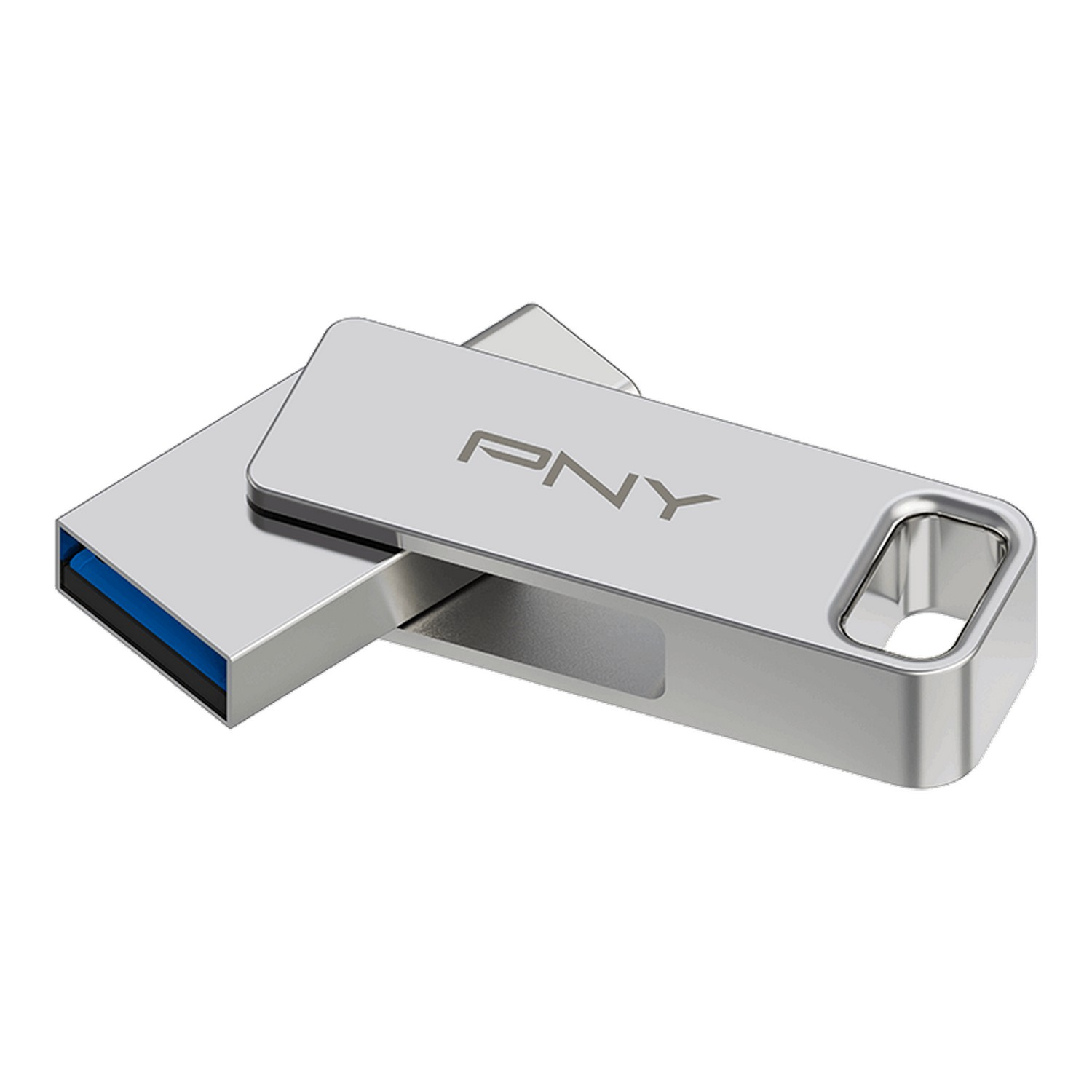 Silver PNY USB drive, one slightly out of place. Blue end visible.