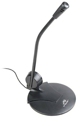 Czarny mikrofon na białym tle, z zakrzywioną szyją i okrągłą podstawą.