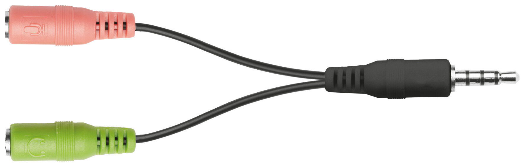 Kabel audio z wtykiem męskim dzielącym się na różowy i zielony żeński.